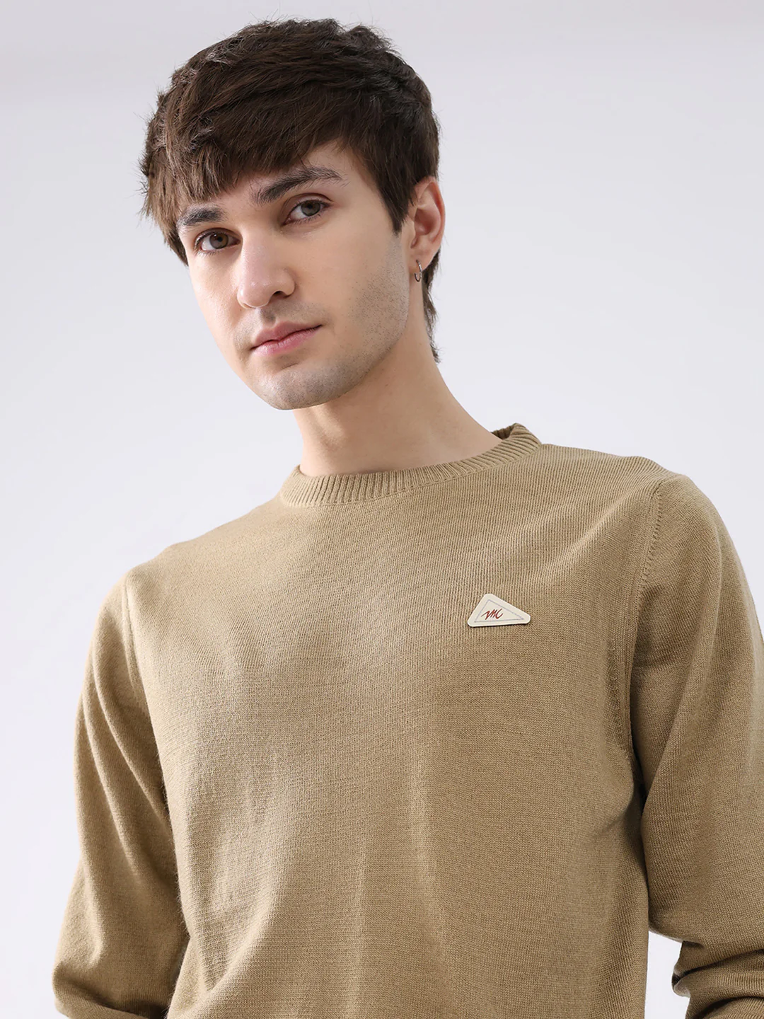 Men Camel Brown Solid Round Neck Full Sleeve Pullover - Image 6