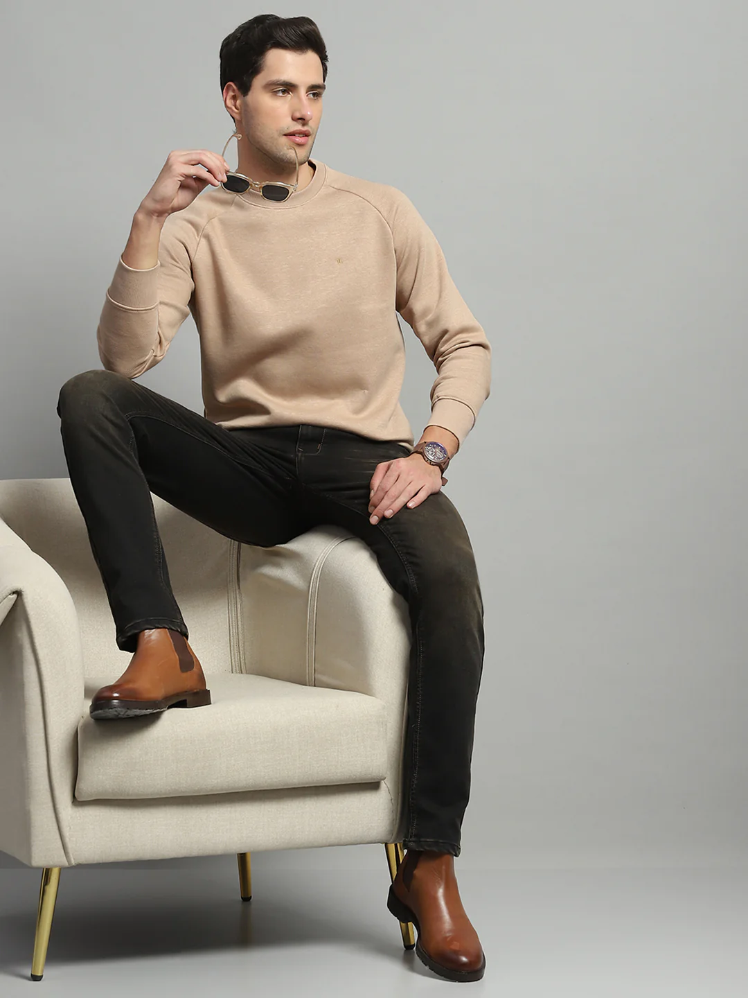 Men Camel Brown Solid Round Neck Full Sleeve Sweatshirt - Image 2