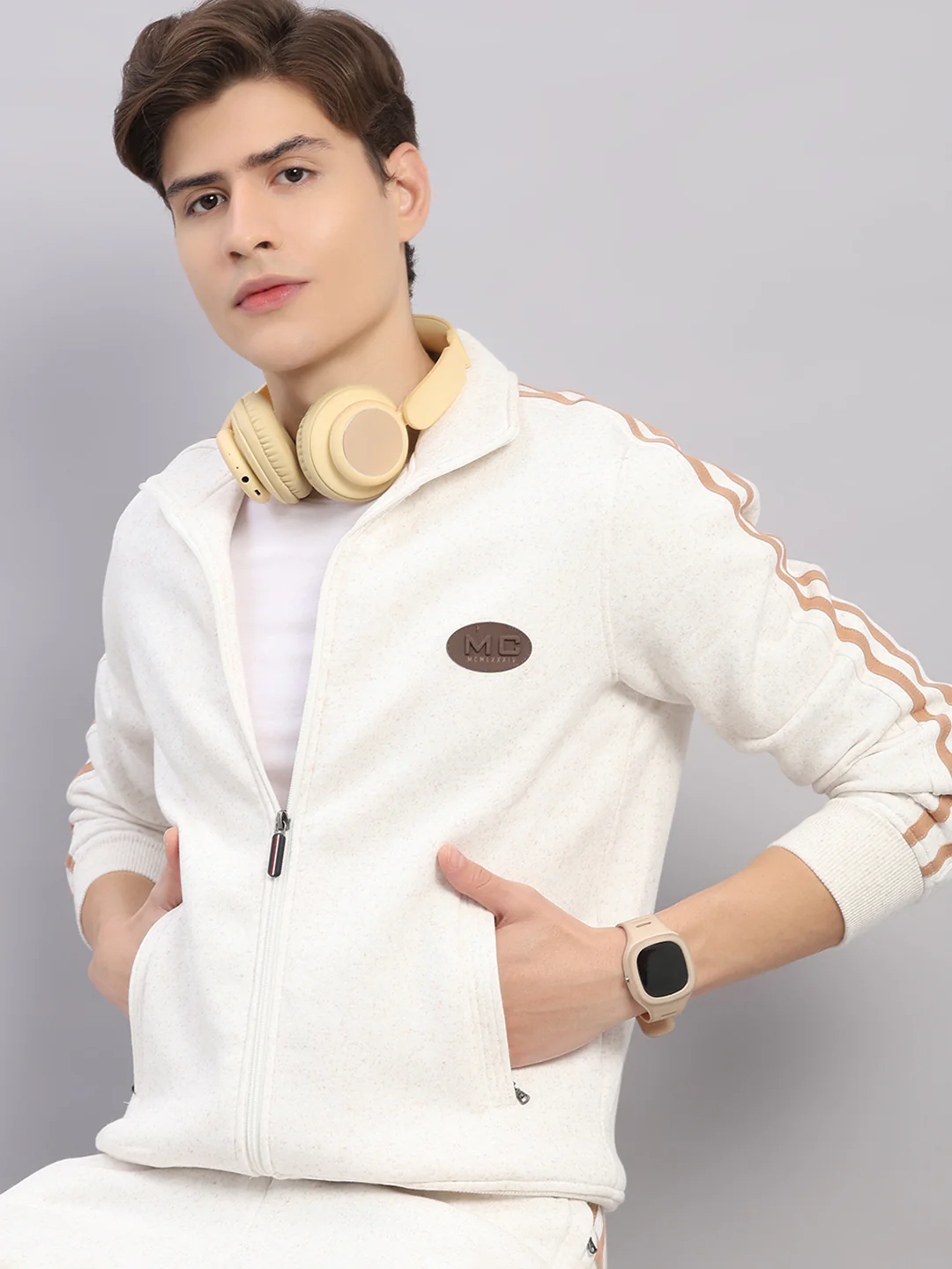 Men Camel Brown Solid Stand Collar Full Sleeve Winter Tracksuit - Image 6