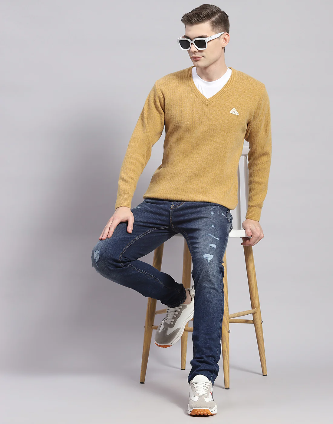 Men Camel Brown Solid V Neck Full Sleeve Pullover - Image 2