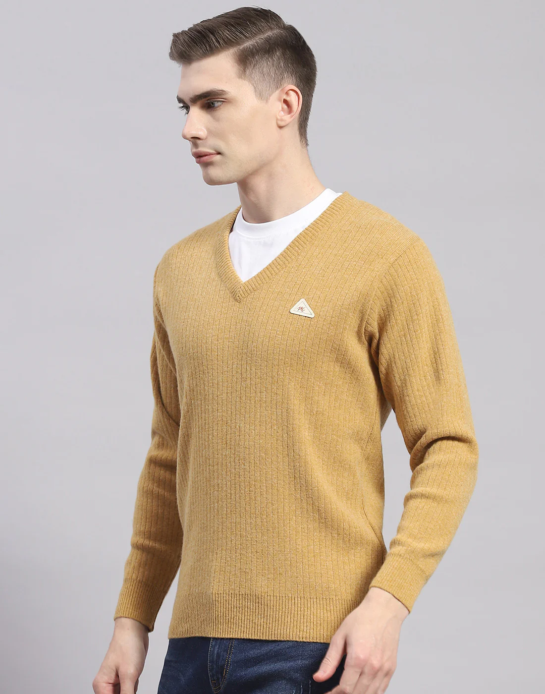 Men Camel Brown Solid V Neck Full Sleeve Pullover - Image 3