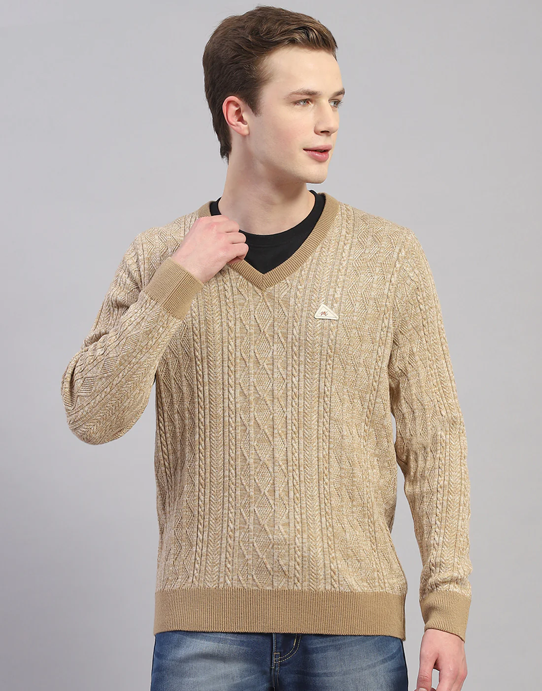 Men Camel Brown Solid V Neck Full Sleeve Pullover - Image 4