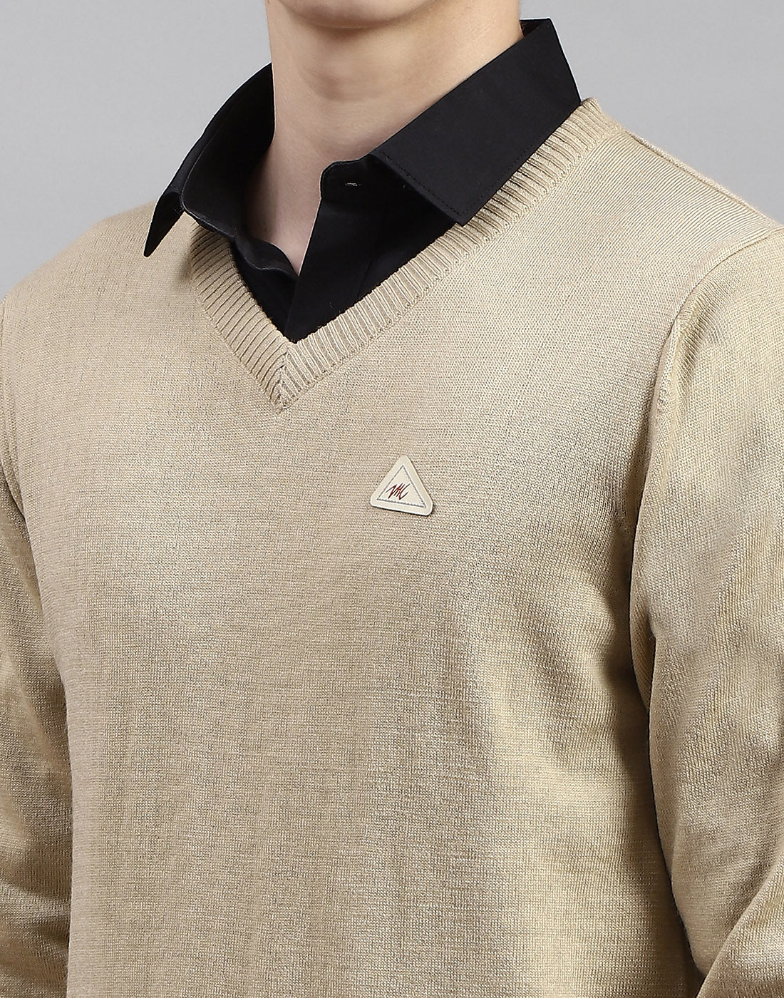 Men Camel Brown Solid V Neck Full Sleeve Pullover - Image 6