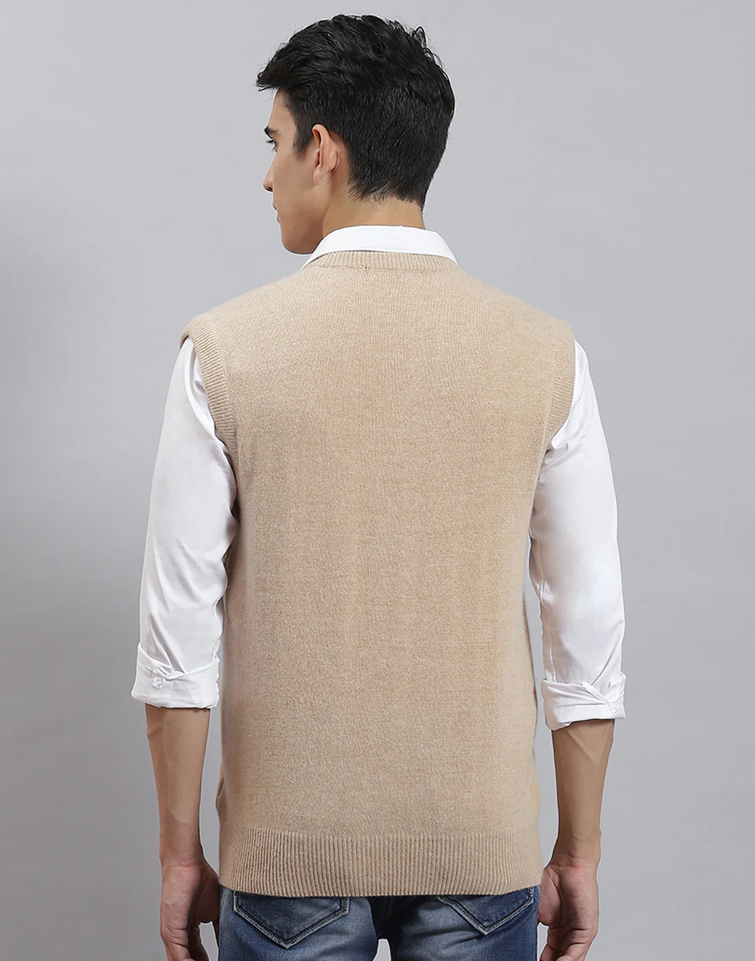 Men Camel Brown Solid V Neck Sleeveless Sweater - Image 5