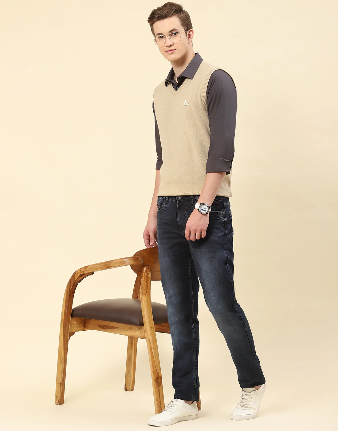 Men Camel Brown Solid V Neck Sleeveless Sweater - Image 2