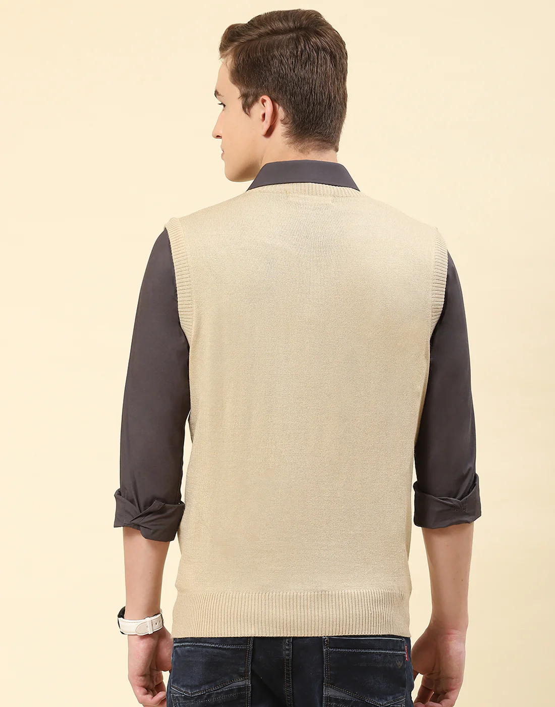 Men Camel Brown Solid V Neck Sleeveless Sweater - Image 5
