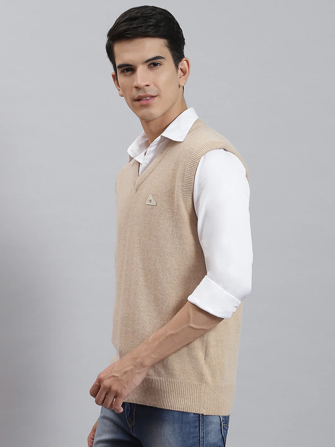 Men Camel Brown Solid V Neck Sleeveless Sweaters/Pullovers - Image 3