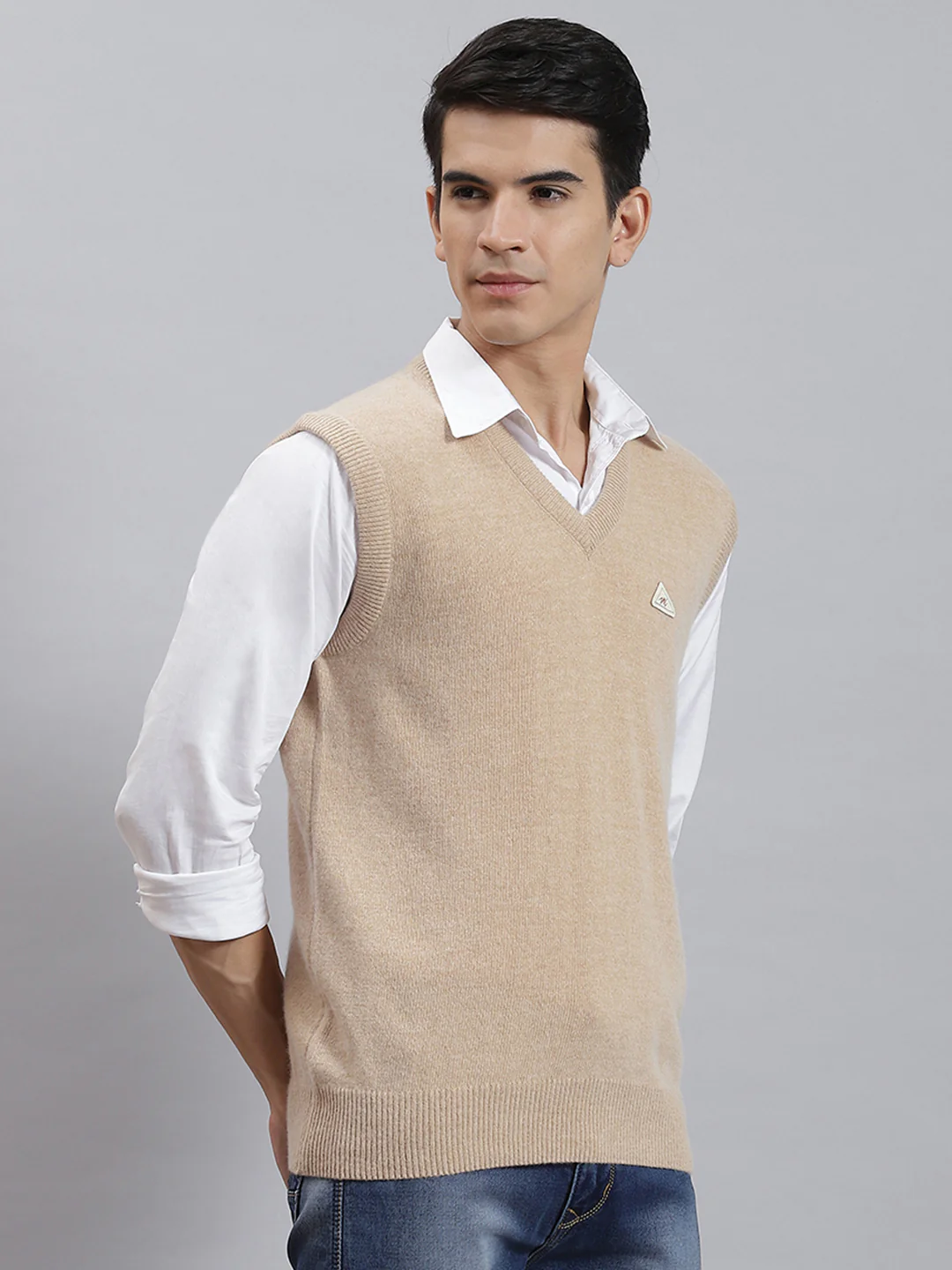 Men Camel Brown Solid V Neck Sleeveless Sweaters/Pullovers - Image 4
