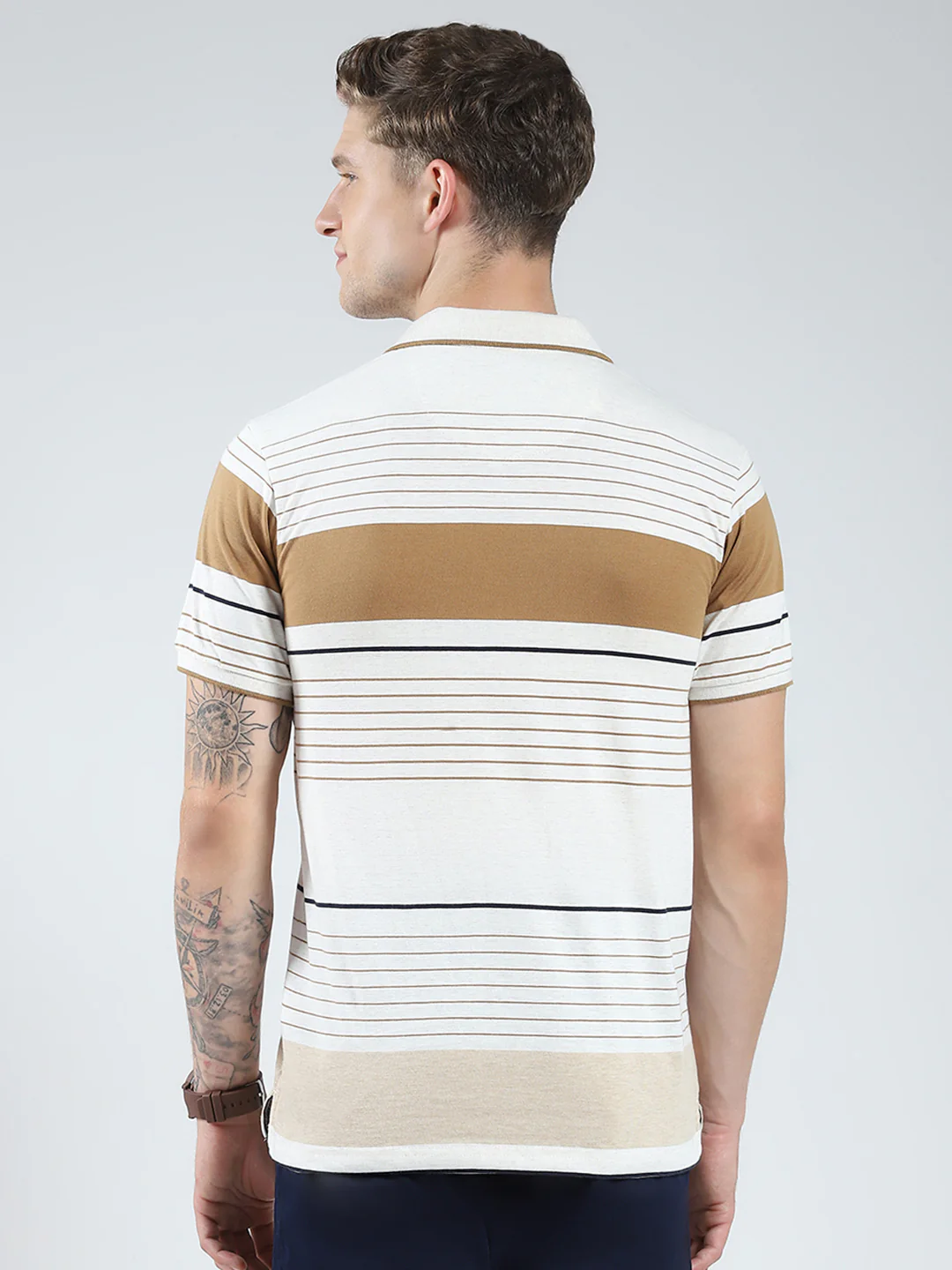 Men Camel Brown Stripe Collar Half Sleeve T-Shirt - Image 5