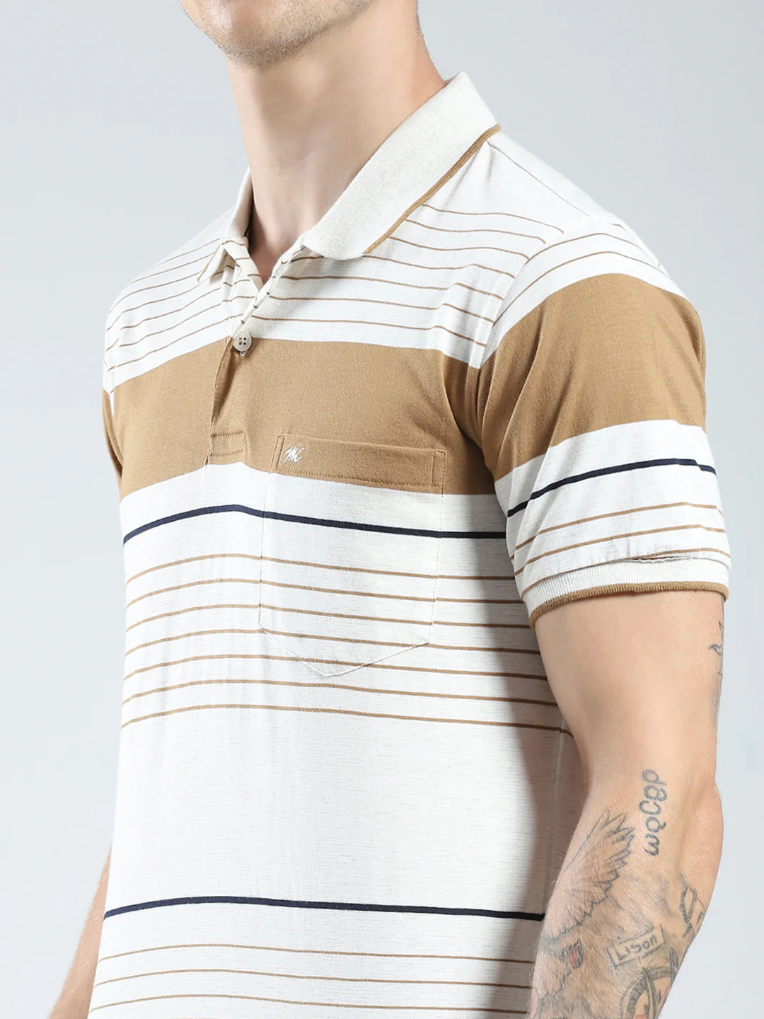Men Camel Brown Stripe Collar Half Sleeve T-Shirt - Image 6