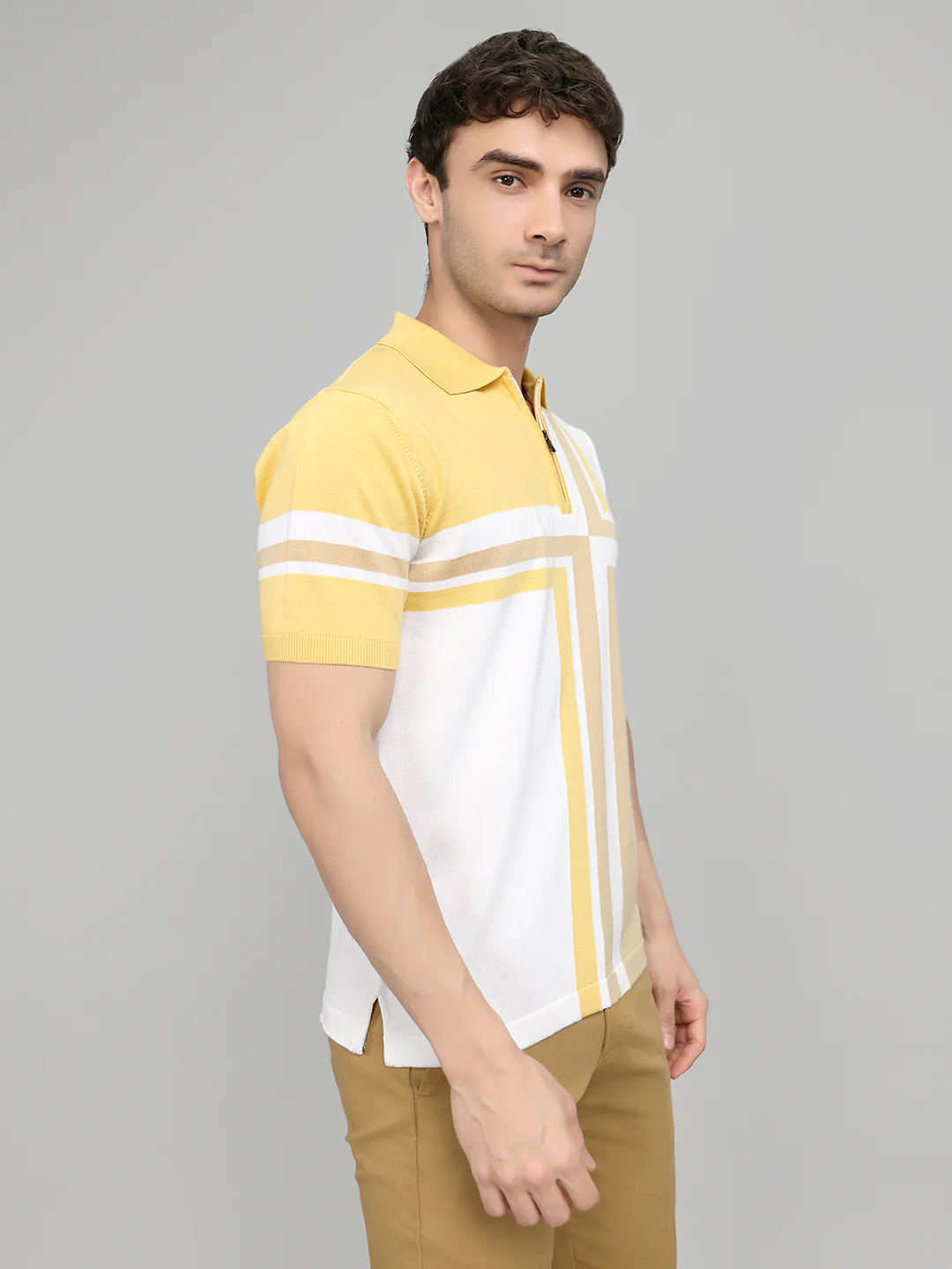 Men Camel Brown Stripe Collar Half Sleeve T-Shirt - Image 3