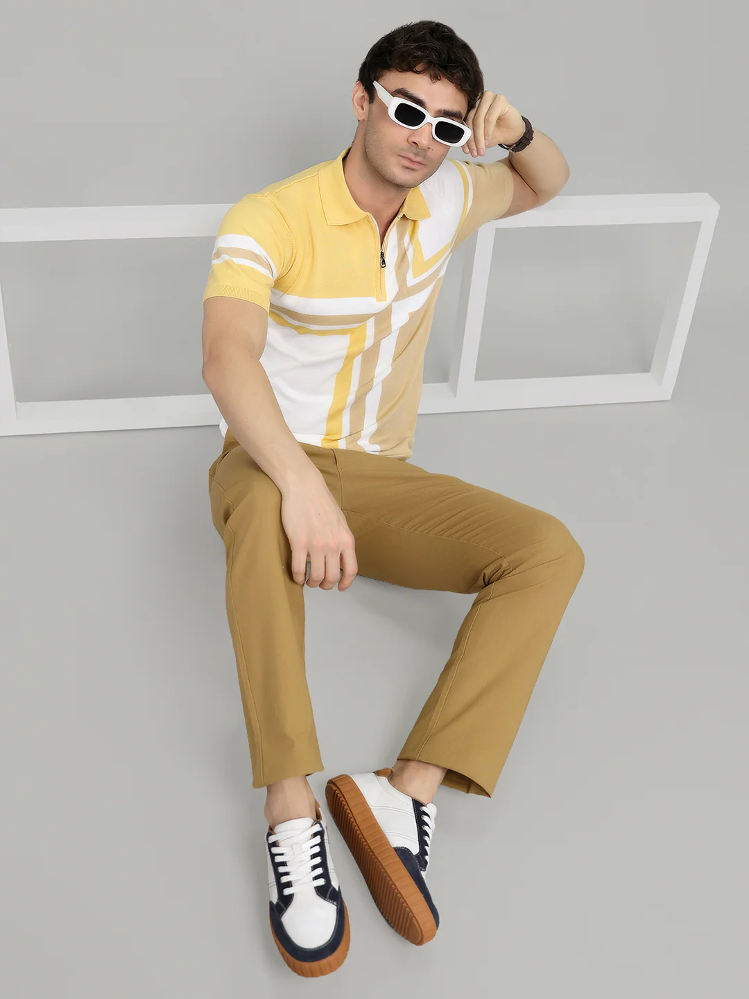 Men Camel Brown Stripe Collar Half Sleeve T-Shirt - Image 6