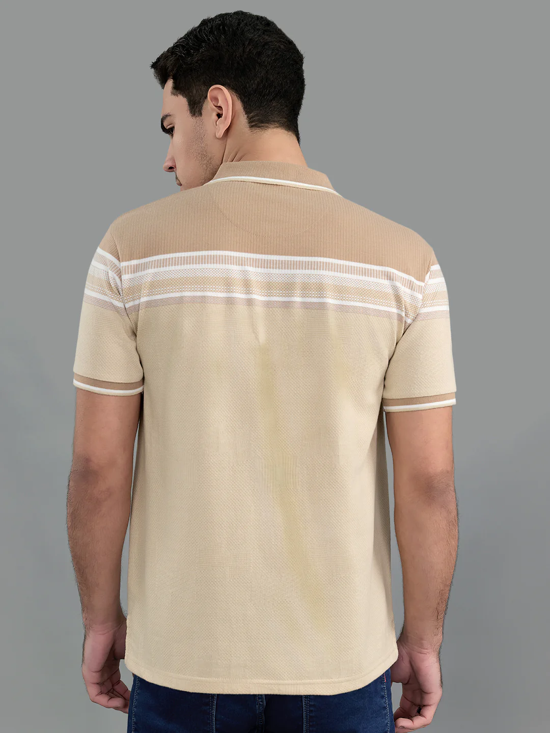 Men Camel Brown Stripe Collar Half Sleeve T-Shirt - Image 4