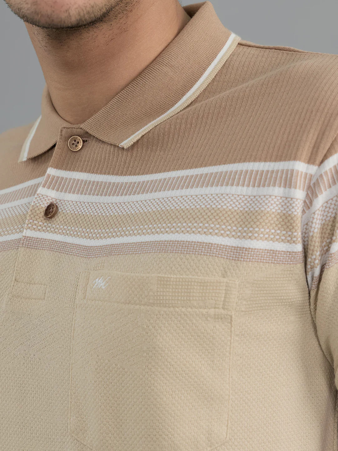 Men Camel Brown Stripe Collar Half Sleeve T-Shirt - Image 5