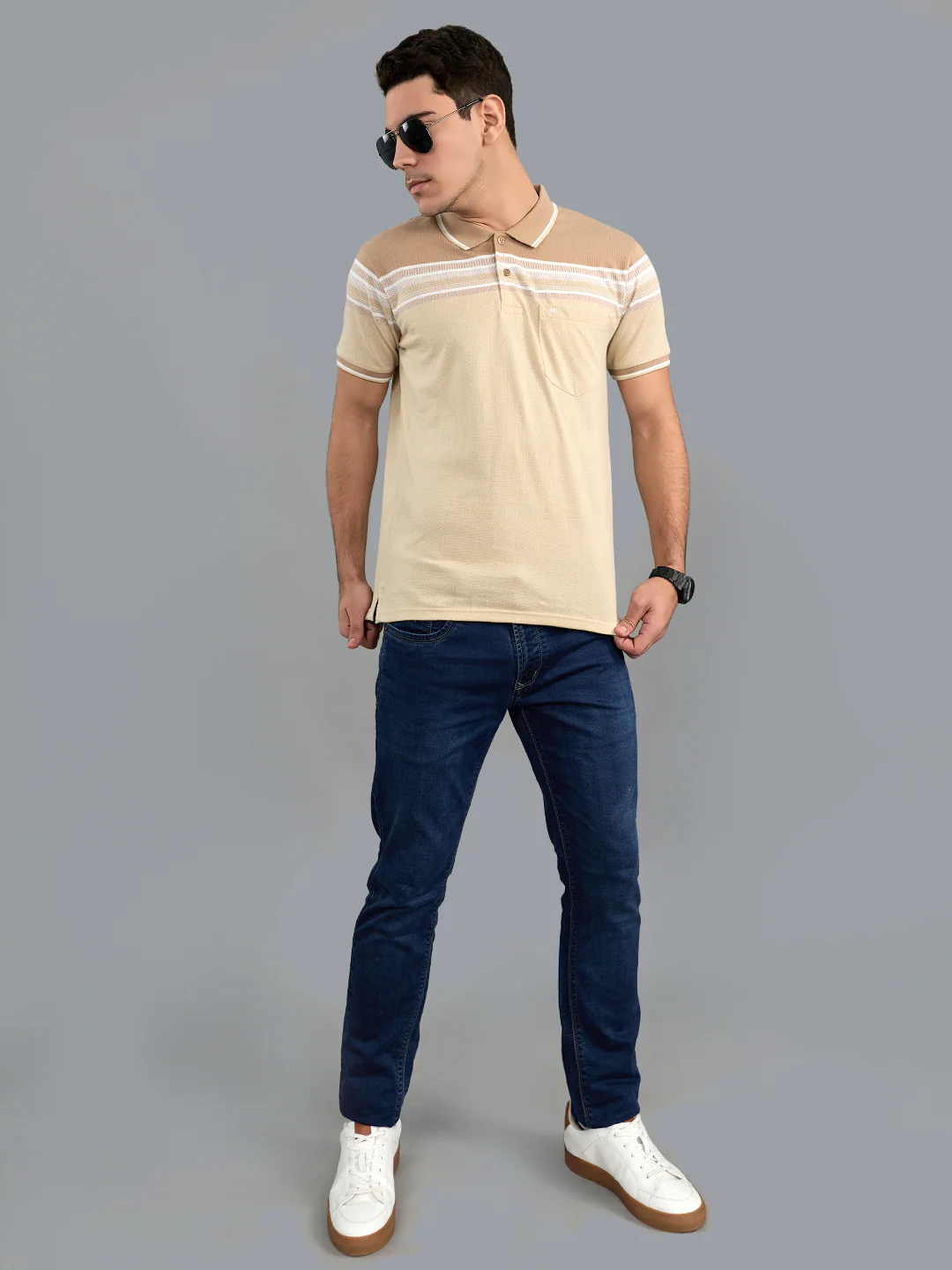 Men Camel Brown Stripe Collar Half Sleeve T-Shirt - Image 6