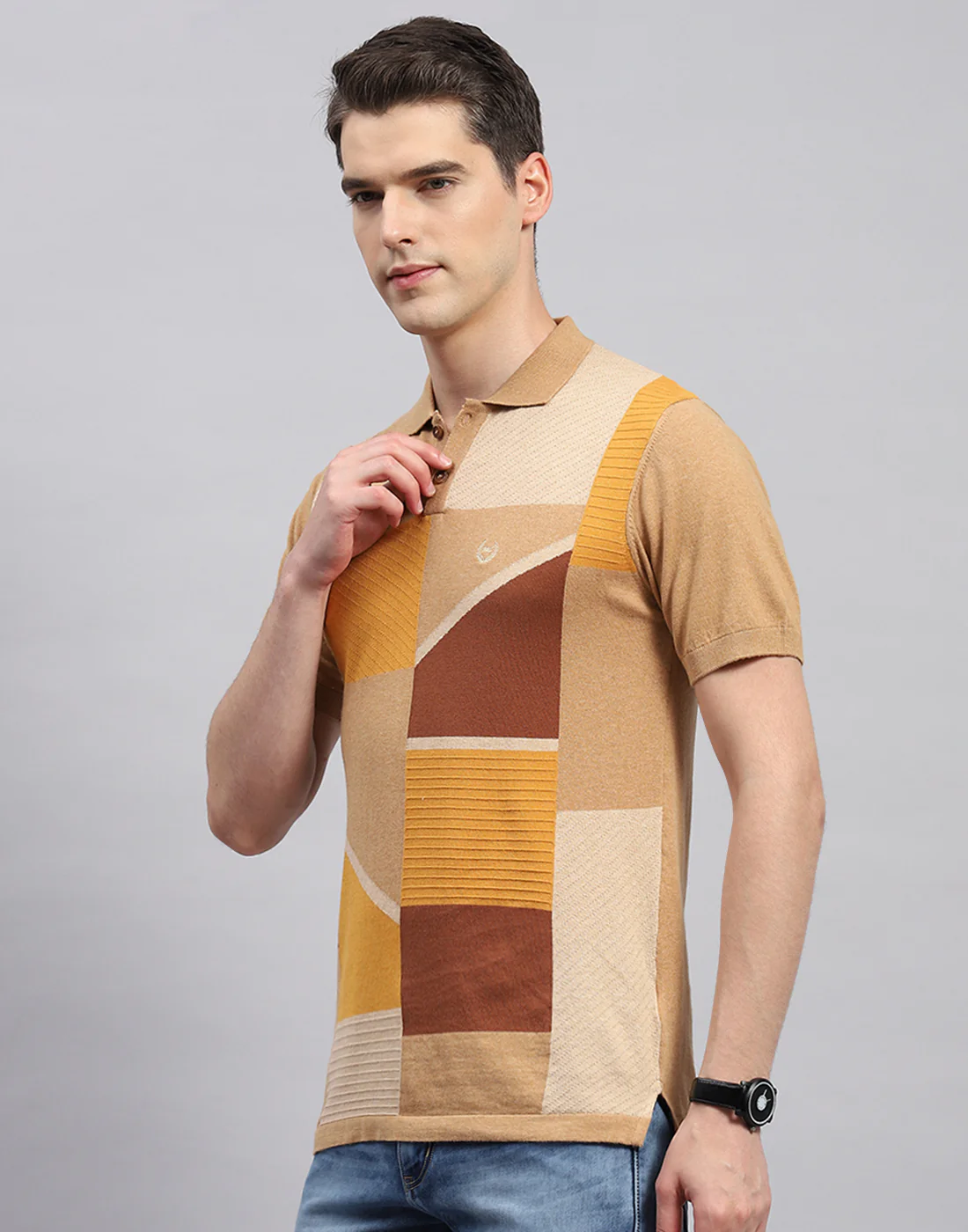 Men Camel Brown Stripe Polo Collar Half Sleeve T-Shirt - Image 3