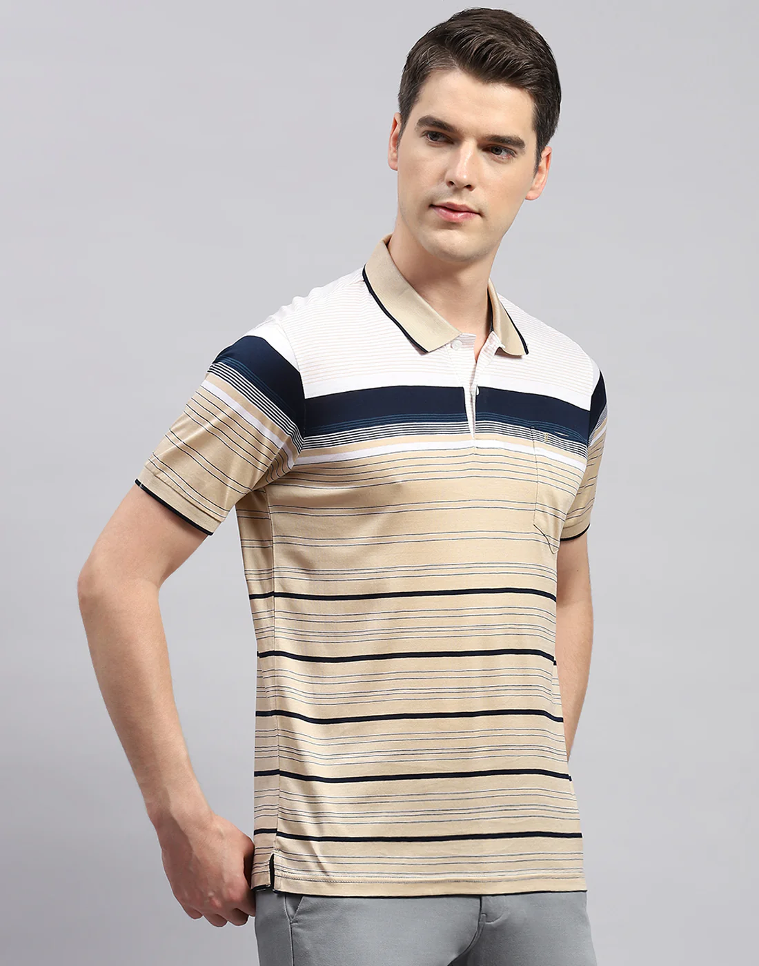 Men Camel Brown Stripe Polo Collar Half Sleeve T-Shirt - Image 4