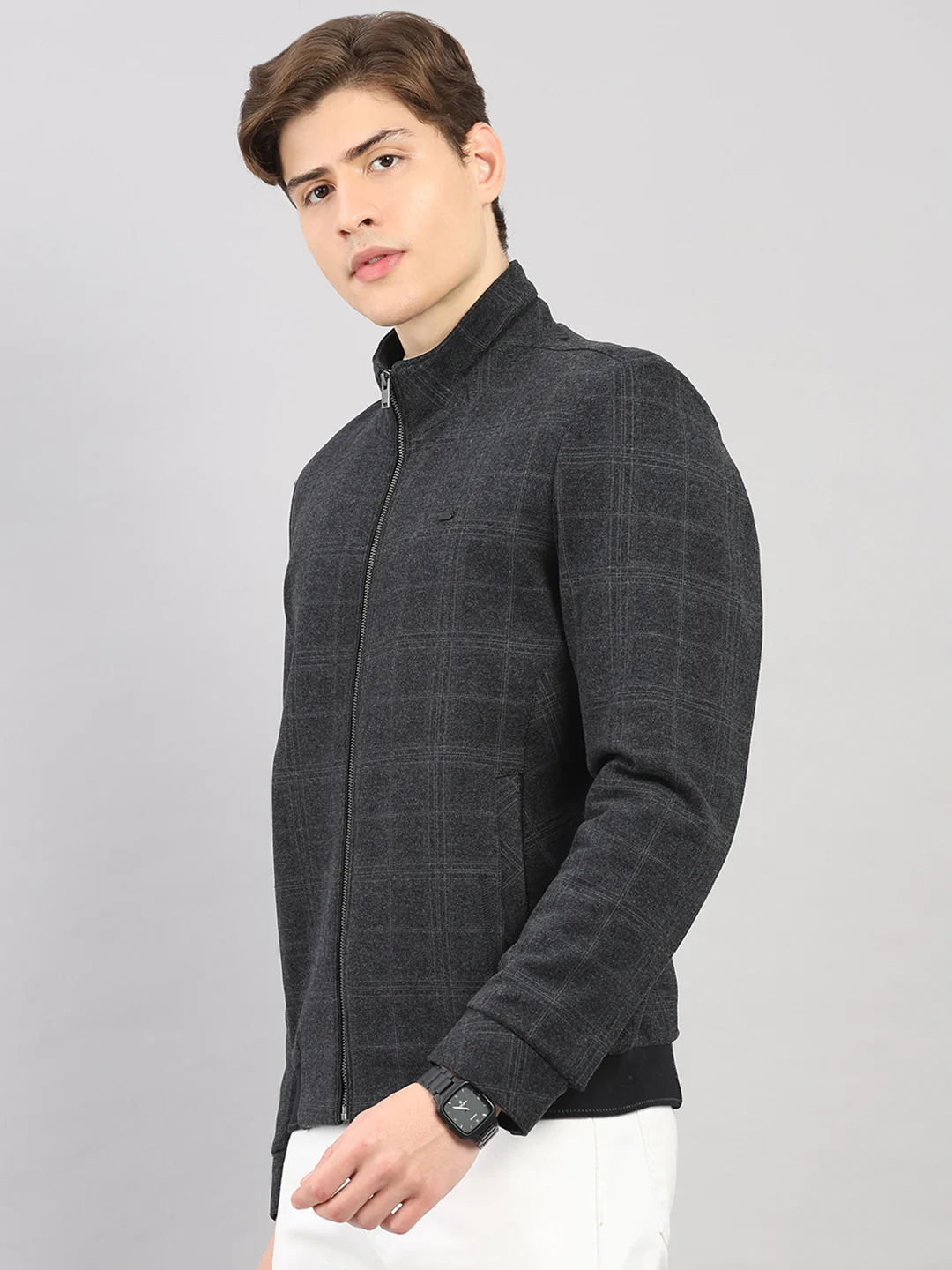 Men Charcoal Check Stand Collar Full Sleeve Jacket - Image 3