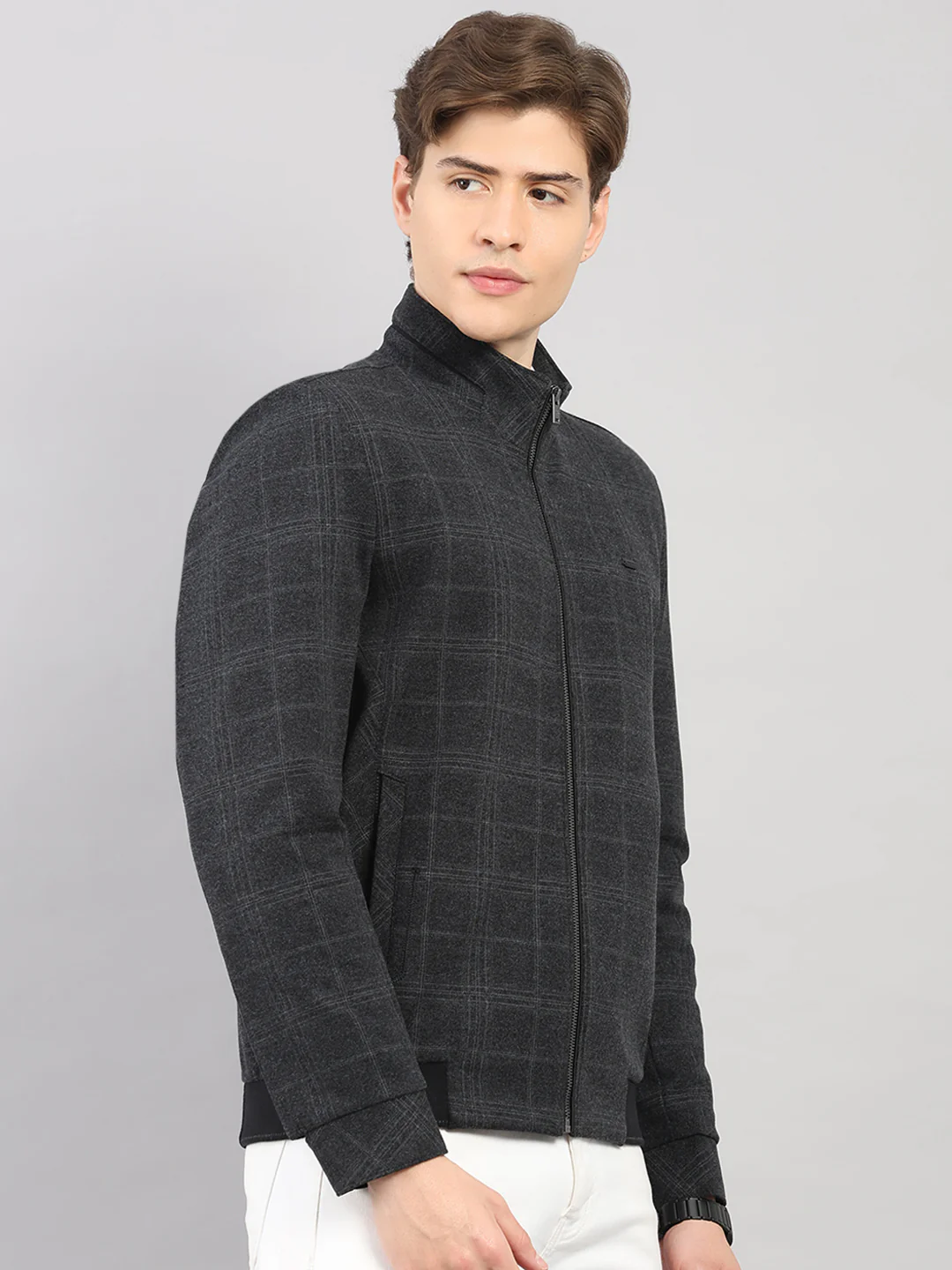 Men Charcoal Check Stand Collar Full Sleeve Jacket - Image 4