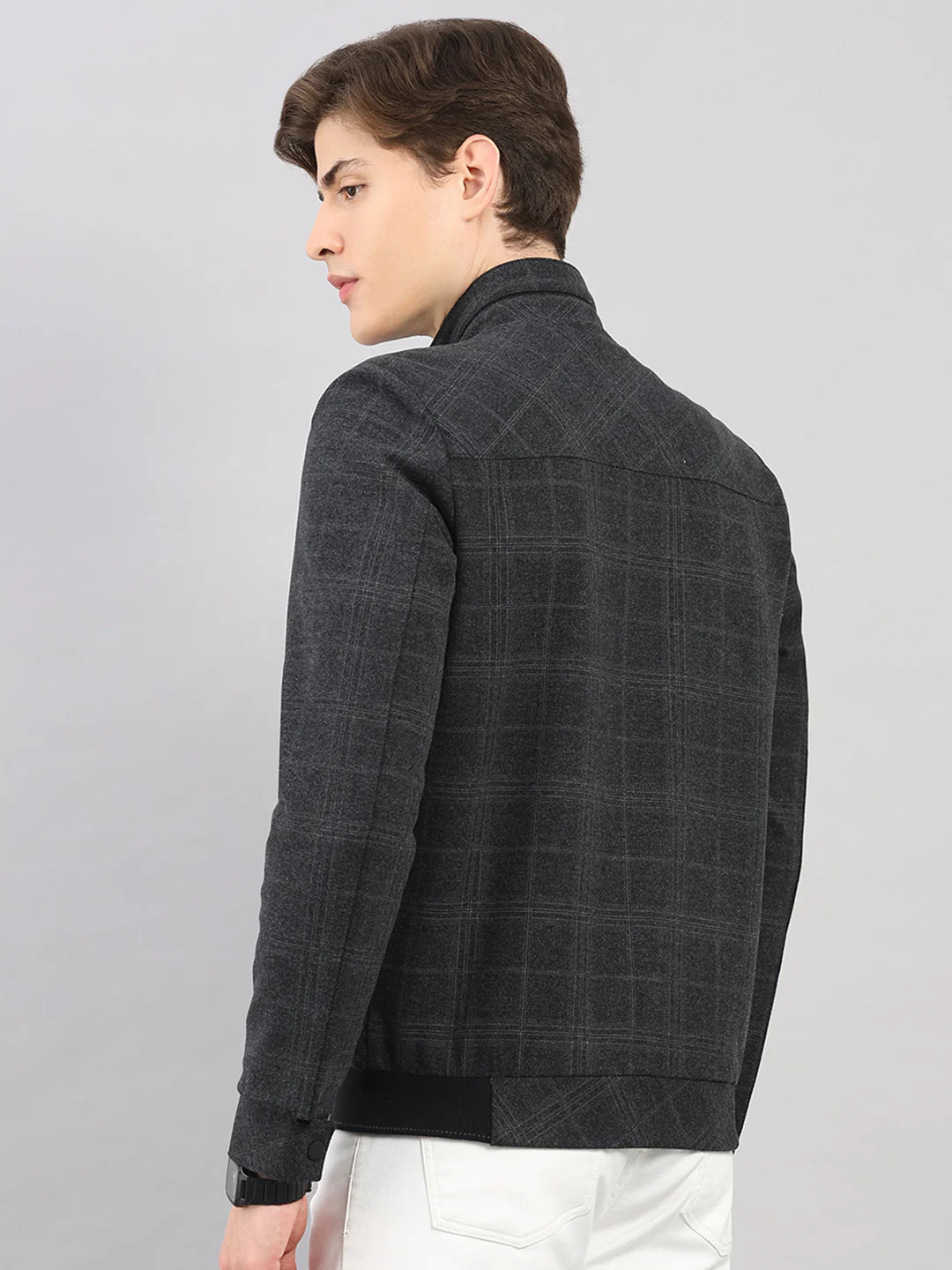 Men Charcoal Check Stand Collar Full Sleeve Jacket - Image 5