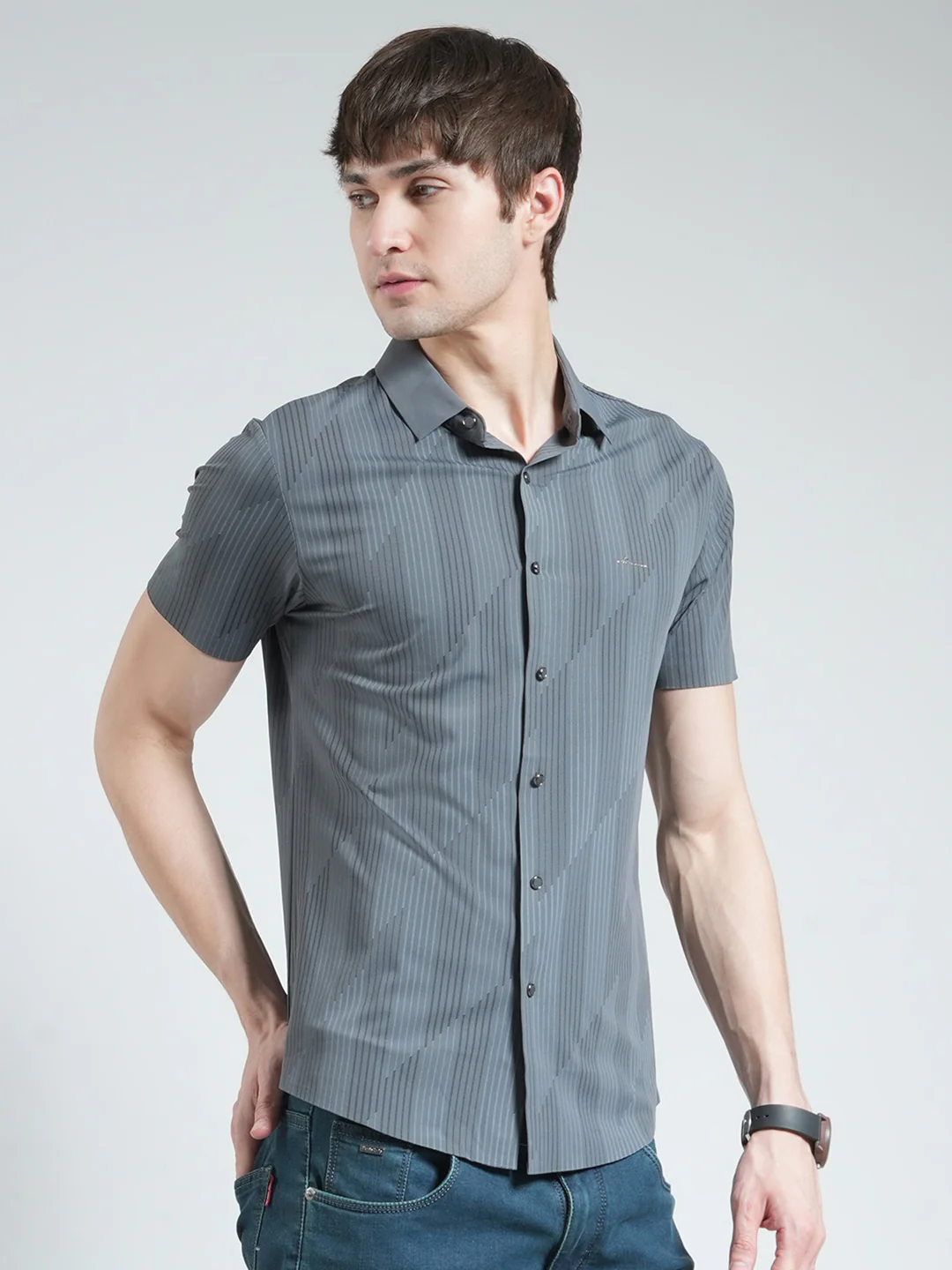 Men Charcoal Printed Collar Half Sleeve Shirt - Image 4
