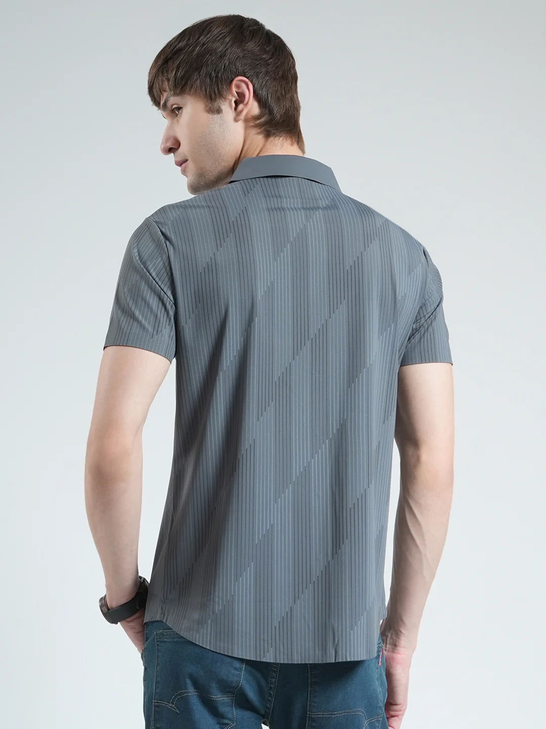 Men Charcoal Printed Collar Half Sleeve Shirt - Image 5