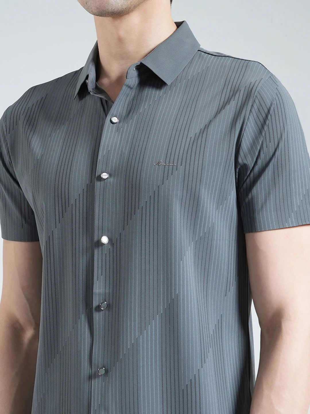 Men Charcoal Printed Collar Half Sleeve Shirt - Image 6