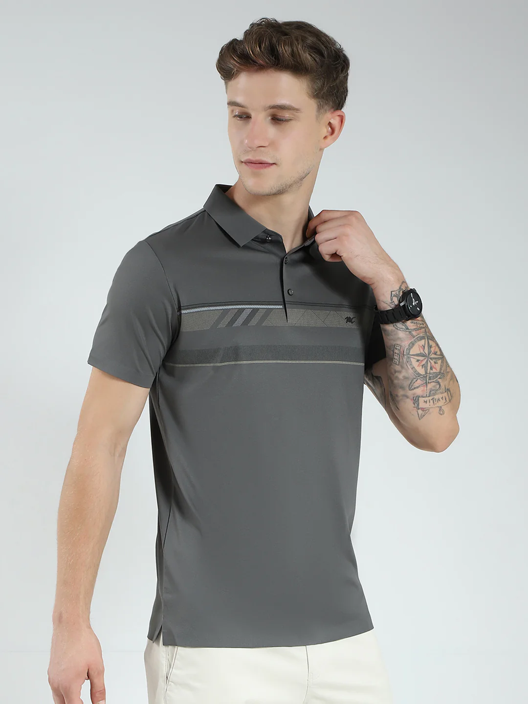 Men Charcoal Printed Collar Half Sleeve T-Shirt - Image 4