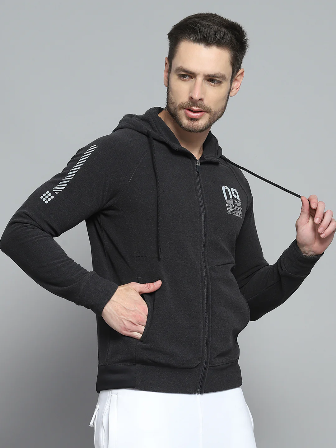 Rock.it Men Charcoal Printed Hooded Full Sleeve Sweatshirt - Image 4