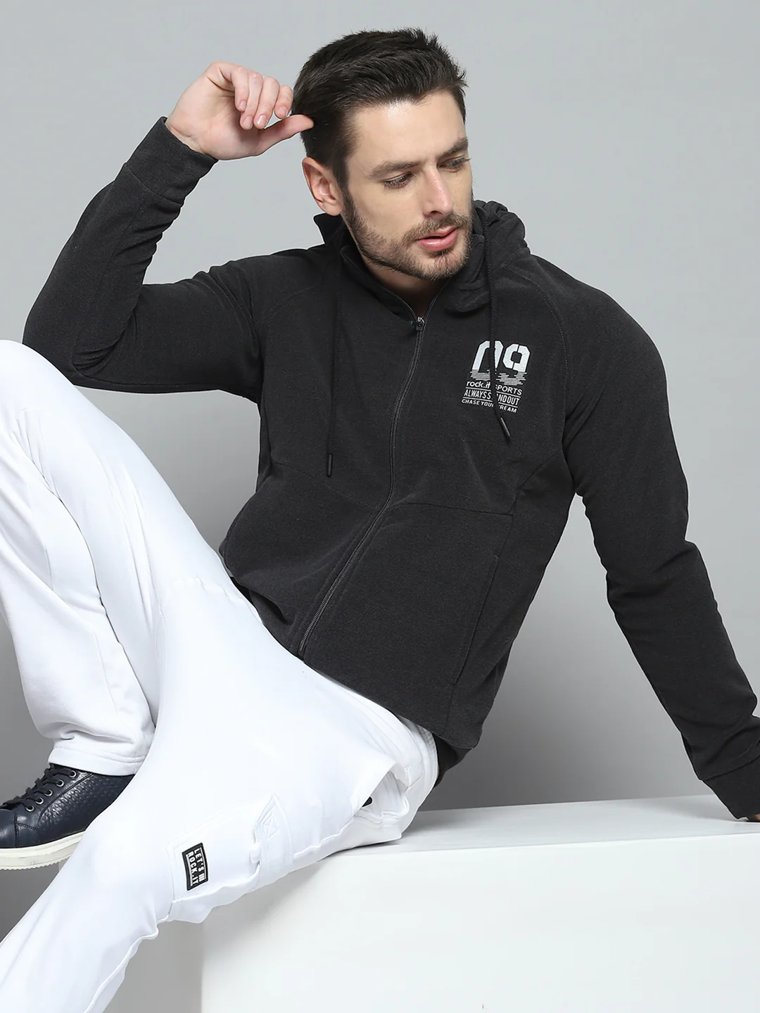 Rock.it Men Charcoal Printed Hooded Full Sleeve Sweatshirt - Image 6