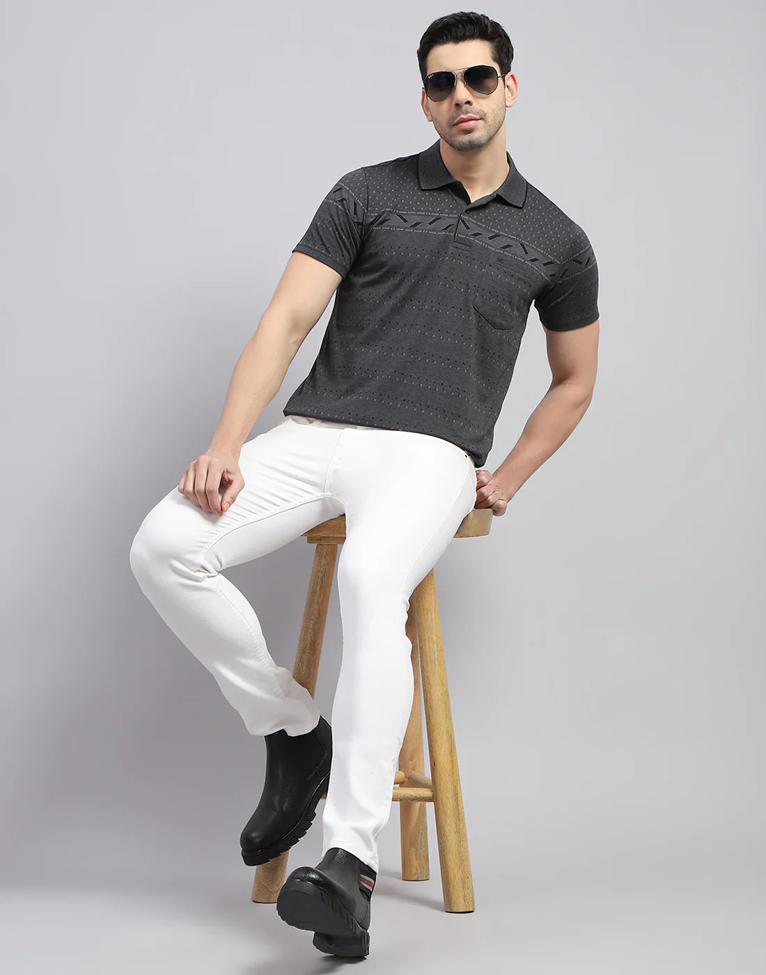 Men Charcoal Printed Polo Collar Half Sleeve T-Shirt - Image 2
