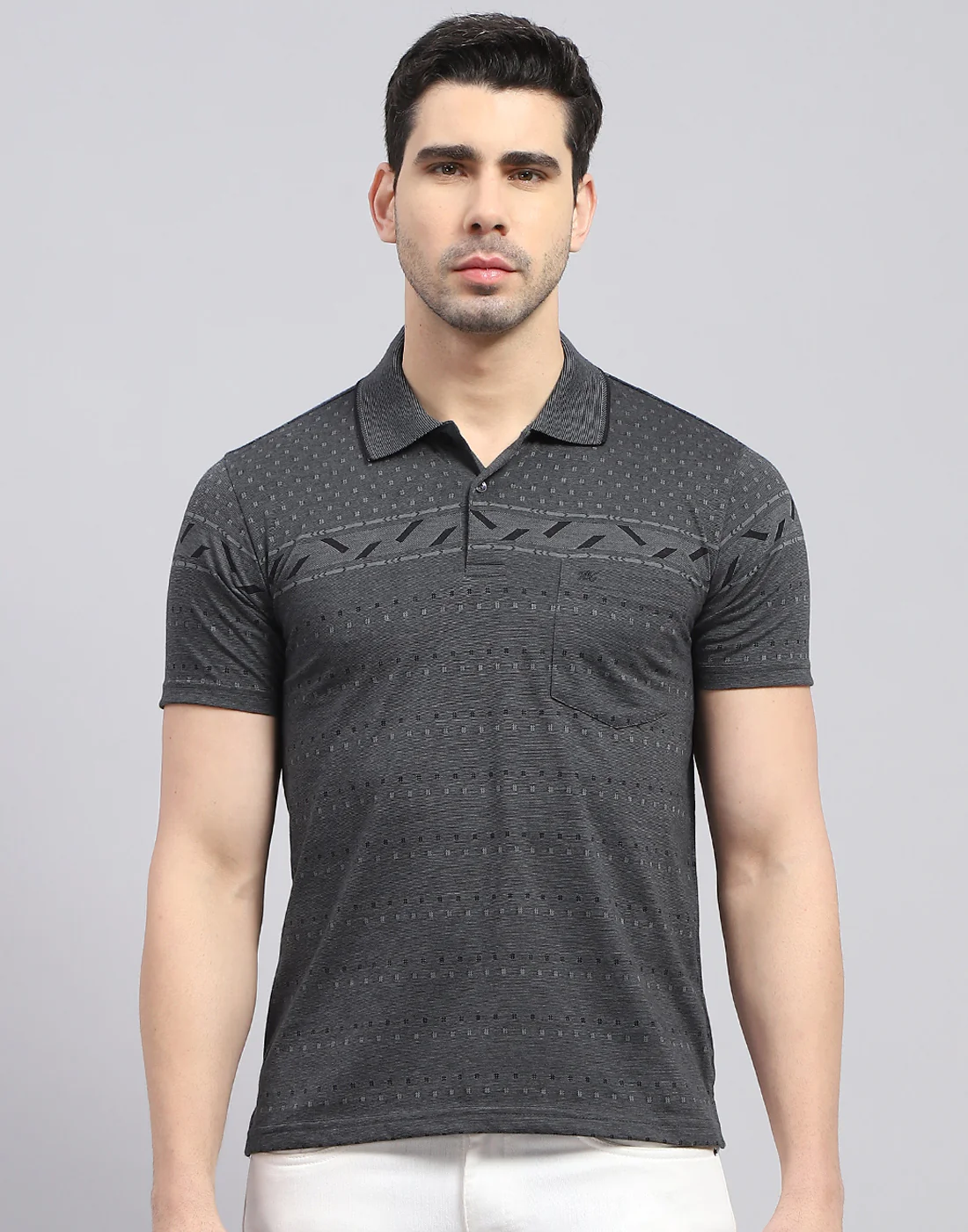 Men Charcoal Printed Polo Collar Half Sleeve T-Shirt - Image 3