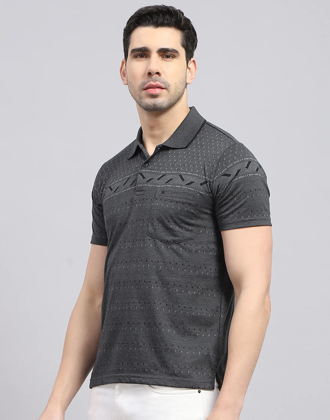 Men Charcoal Printed Polo Collar Half Sleeve T-Shirt - Image 4