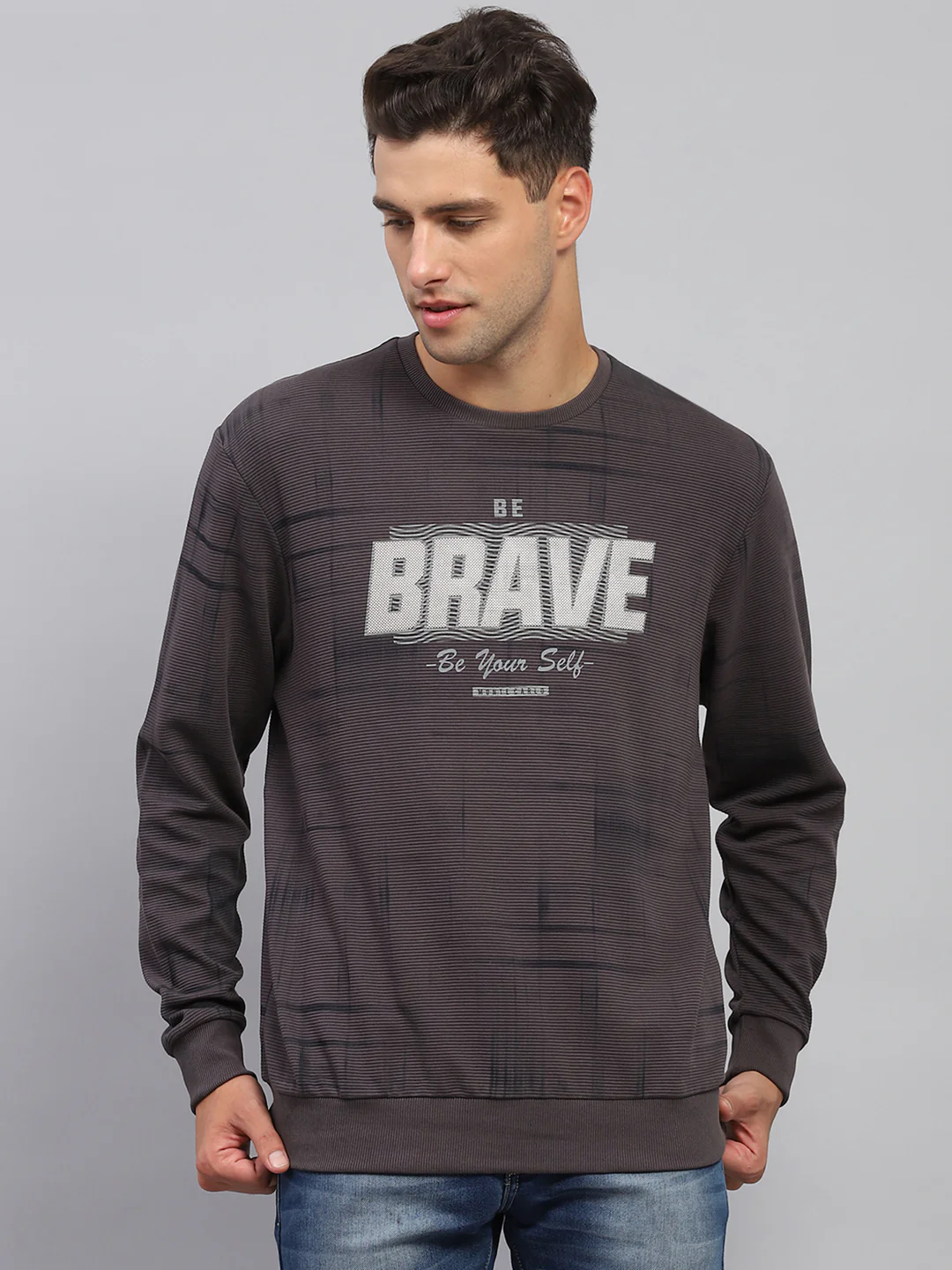 Men Charcoal Printed Round Neck Full Sleeve Sweatshirt - Image 2