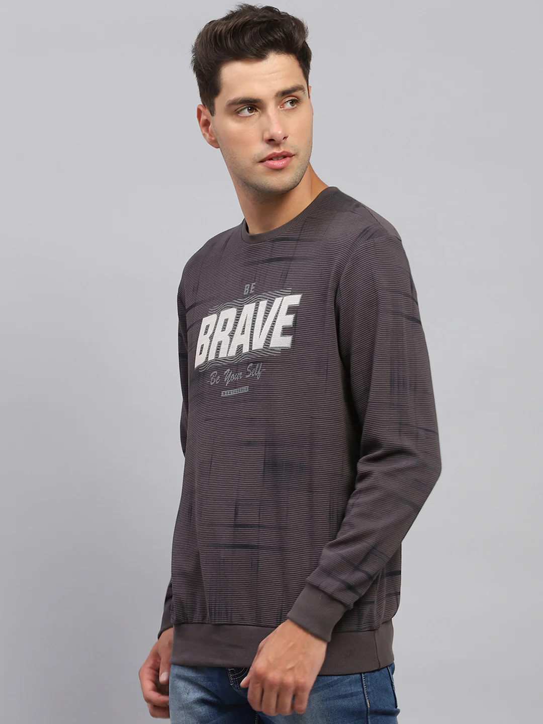 Men Charcoal Printed Round Neck Full Sleeve Sweatshirt - Image 3
