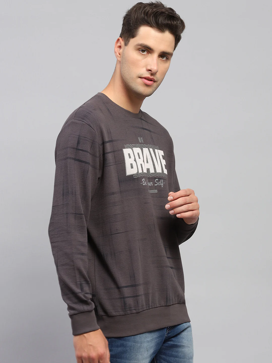 Men Charcoal Printed Round Neck Full Sleeve Sweatshirt - Image 4