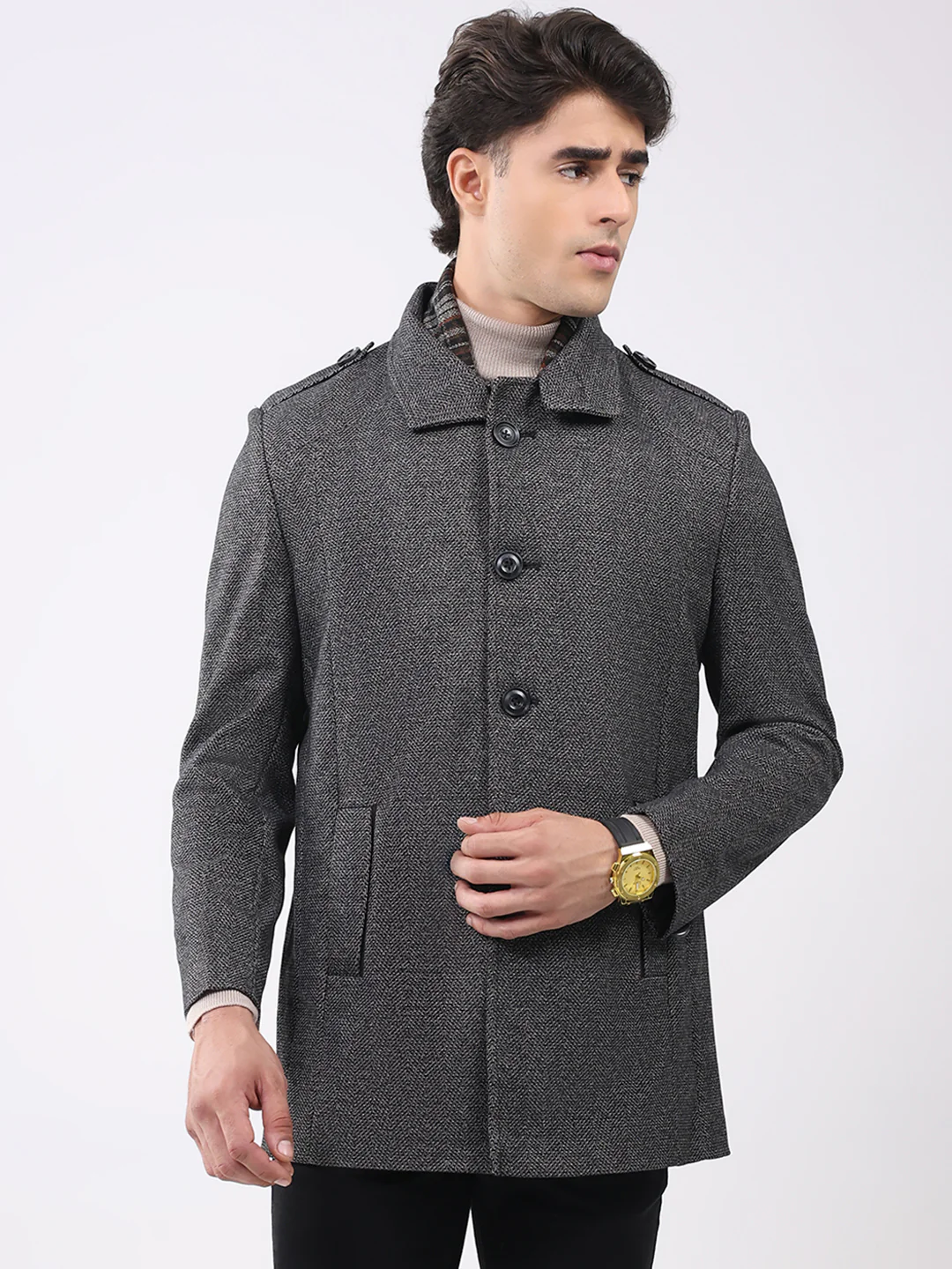 Men Charcoal Self Design Collar Full Sleeve Coat