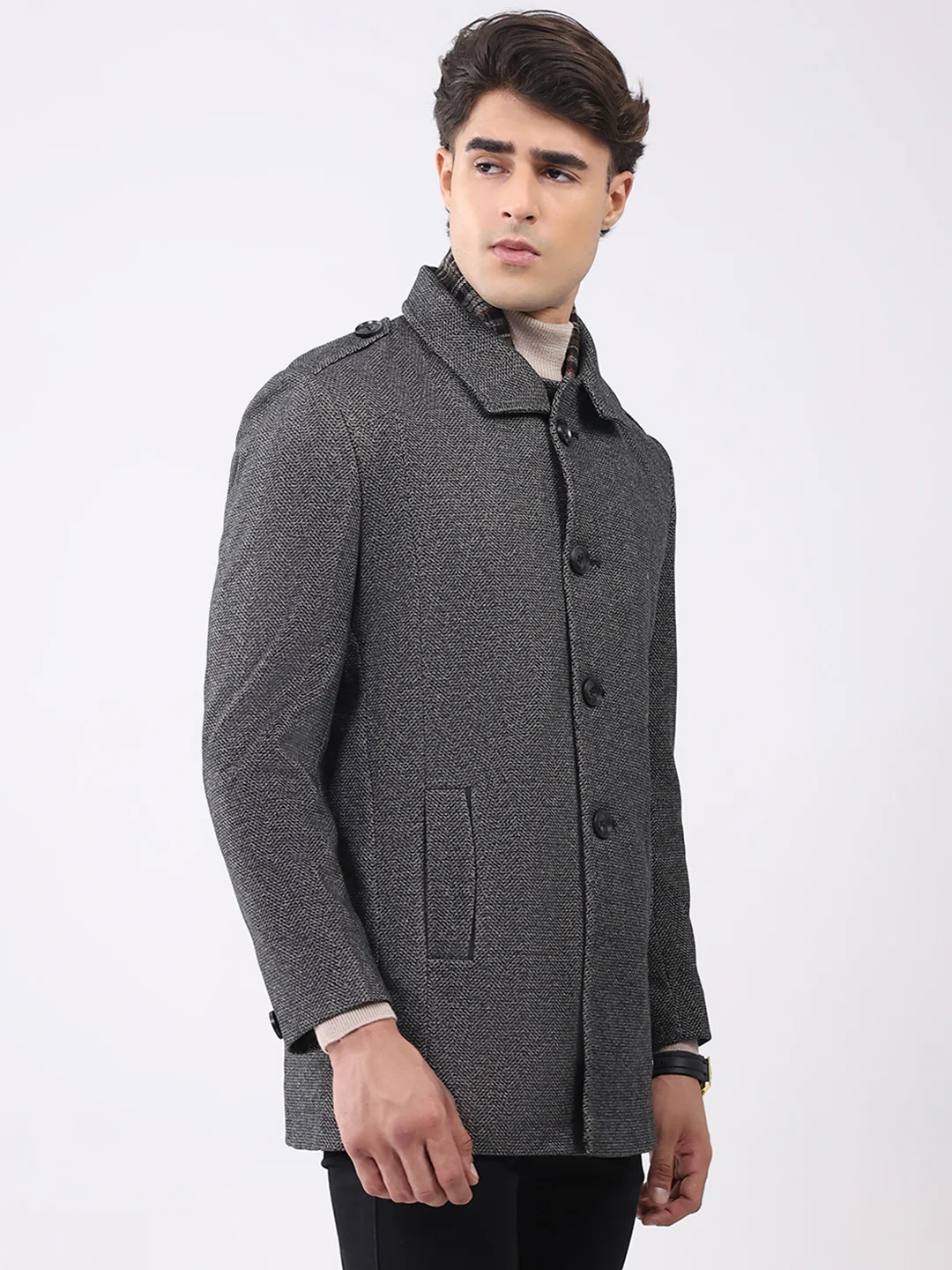 Men Charcoal Self Design Collar Full Sleeve Coat - Image 4