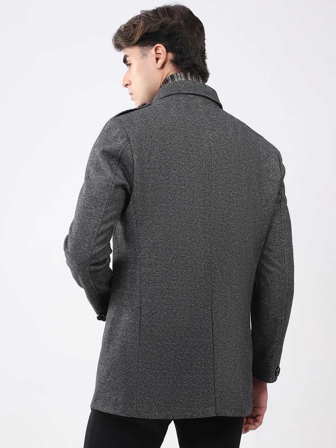 Men Charcoal Self Design Collar Full Sleeve Coat - Image 5