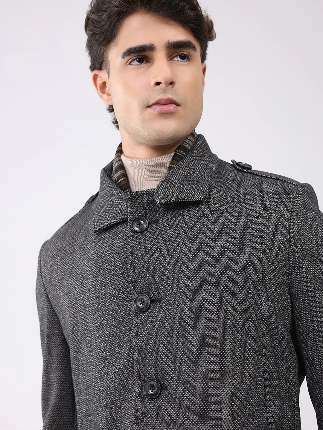 Men Charcoal Self Design Collar Full Sleeve Coat - Image 6