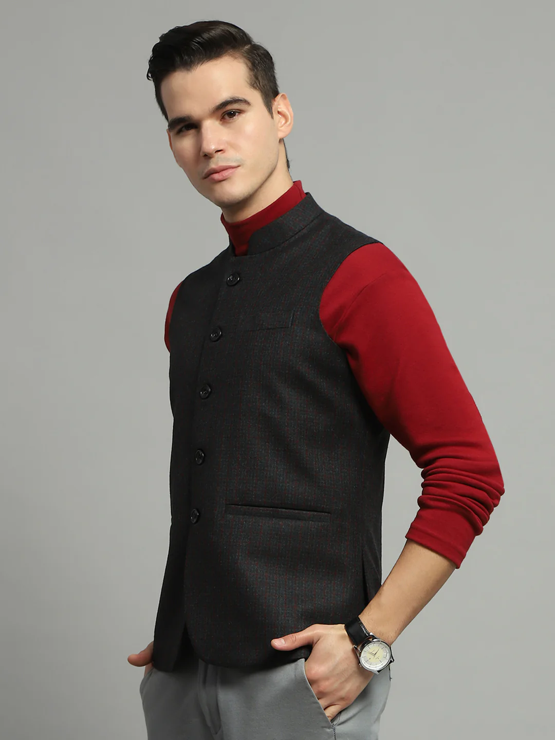 Luxuria Men Charcoal Solid Band Collar Sleeveless Jacket - Image 3