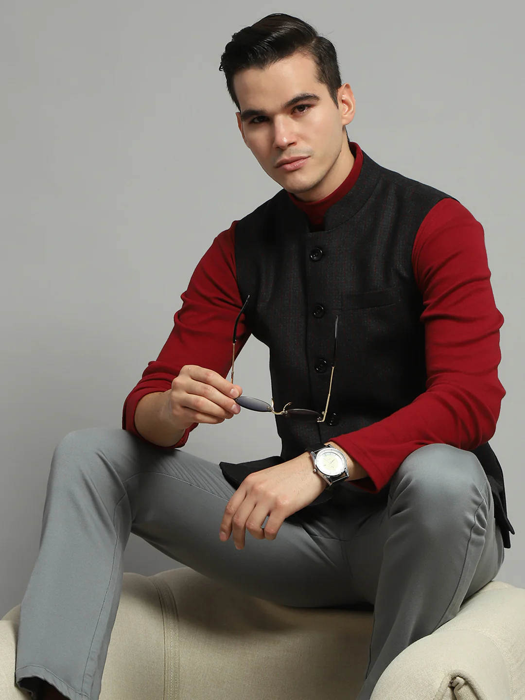 Luxuria Men Charcoal Solid Band Collar Sleeveless Jacket - Image 6