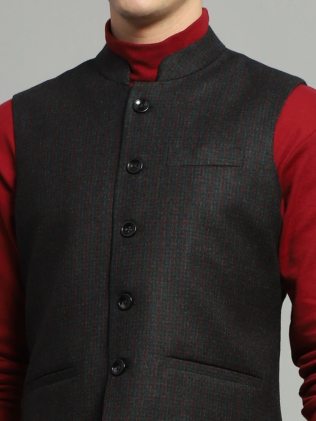 Luxuria Men Charcoal Solid Band Collar Sleeveless Jacket - Image 7
