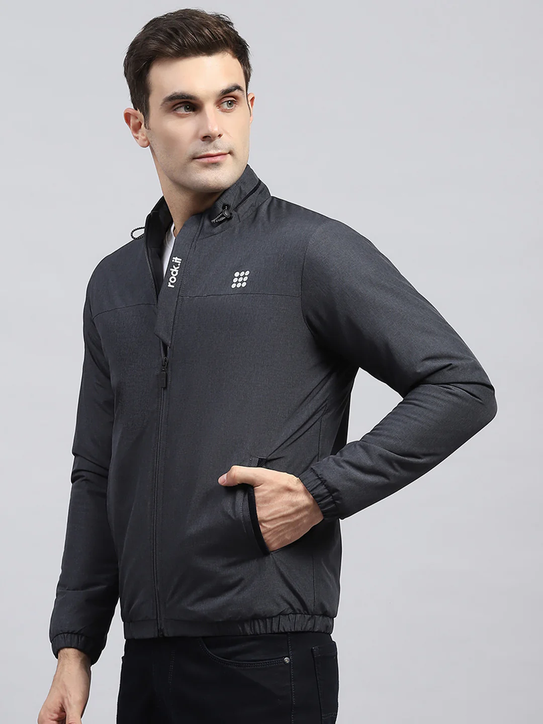 Rock.it Men Charcoal Solid Mock Neck Full Sleeve Jacket - Image 3