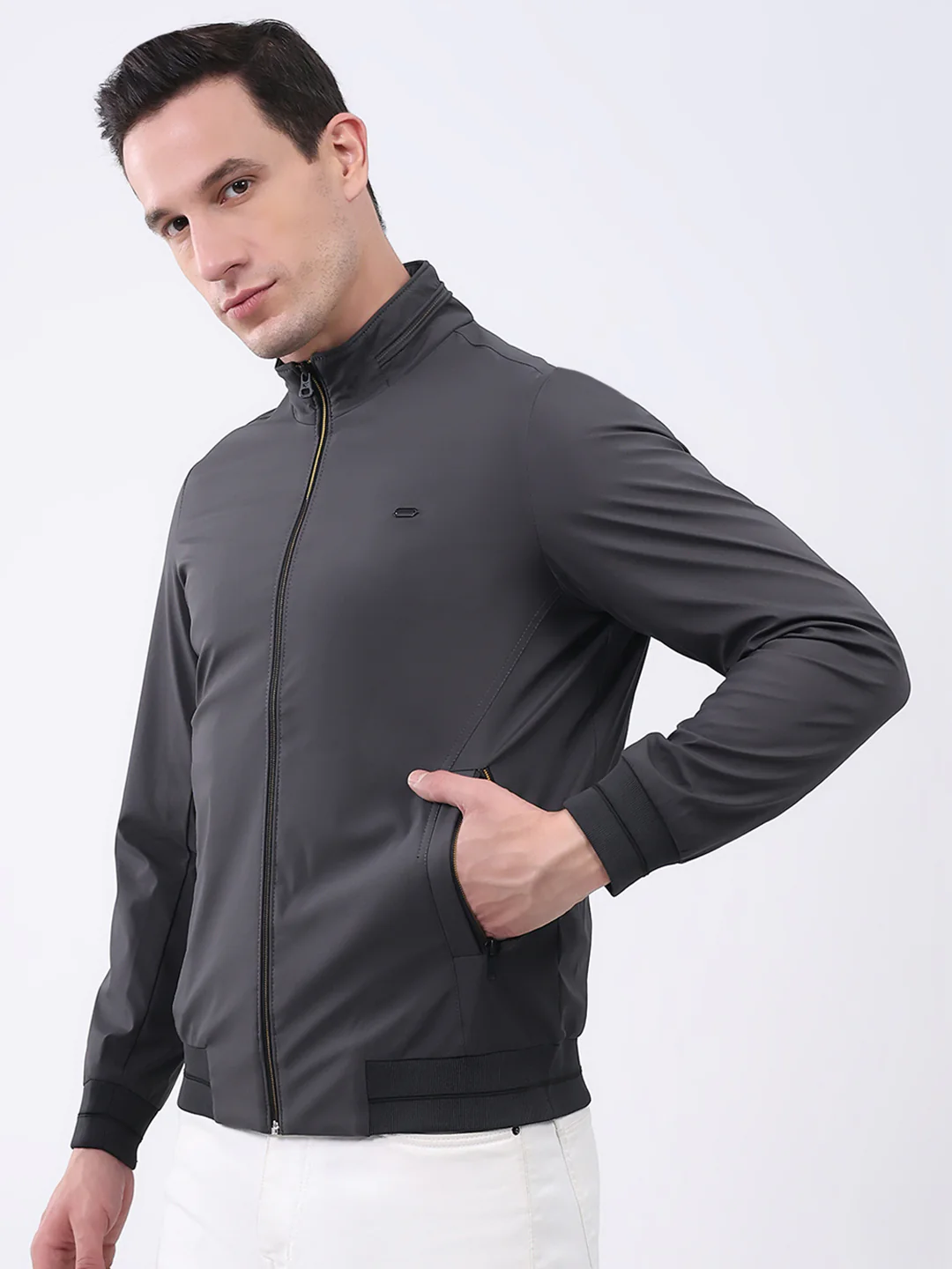 Men Charcoal Solid Mock Neck Full Sleeve Jacket - Image 3