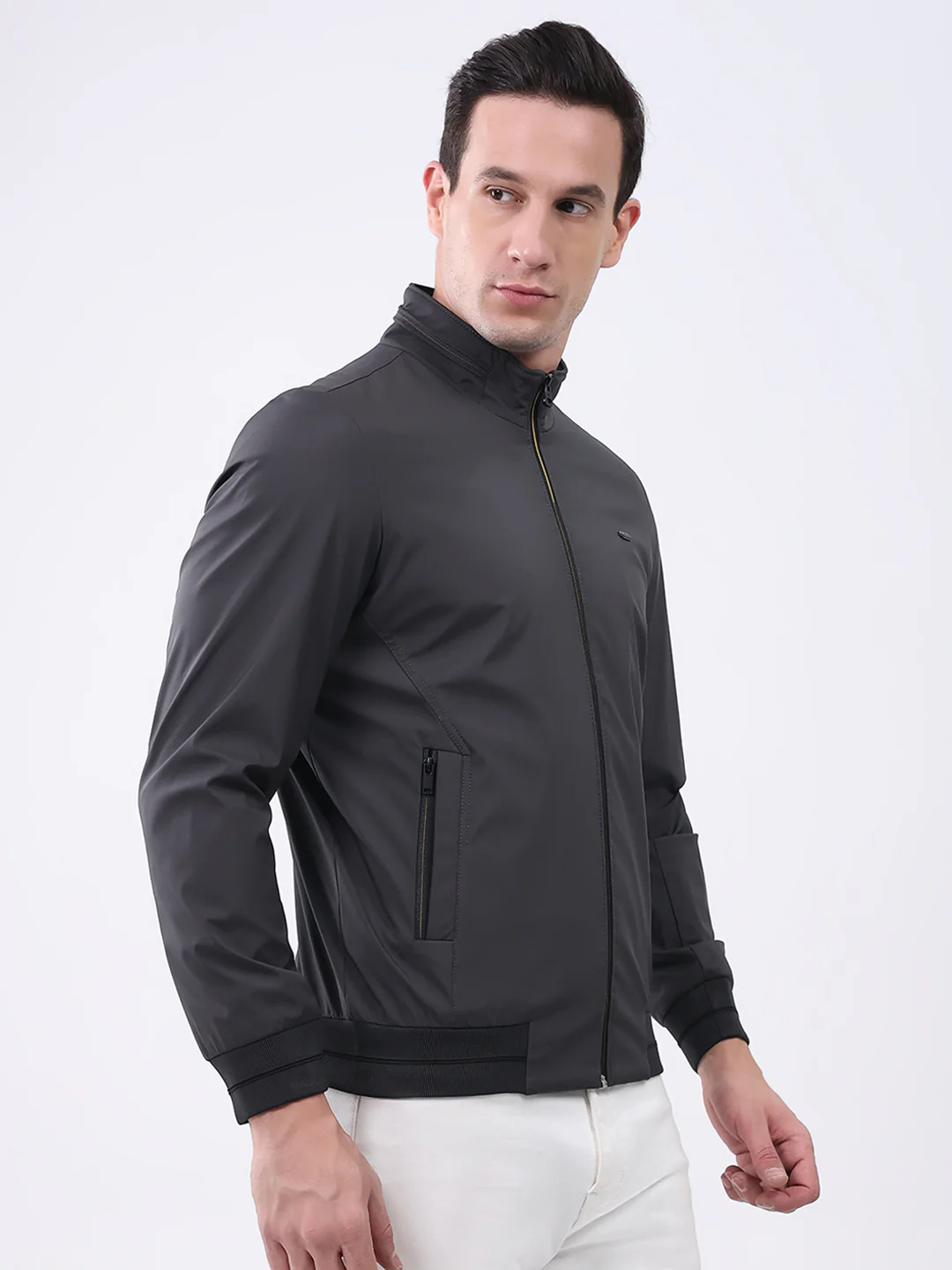 Men Charcoal Solid Mock Neck Full Sleeve Jacket - Image 4