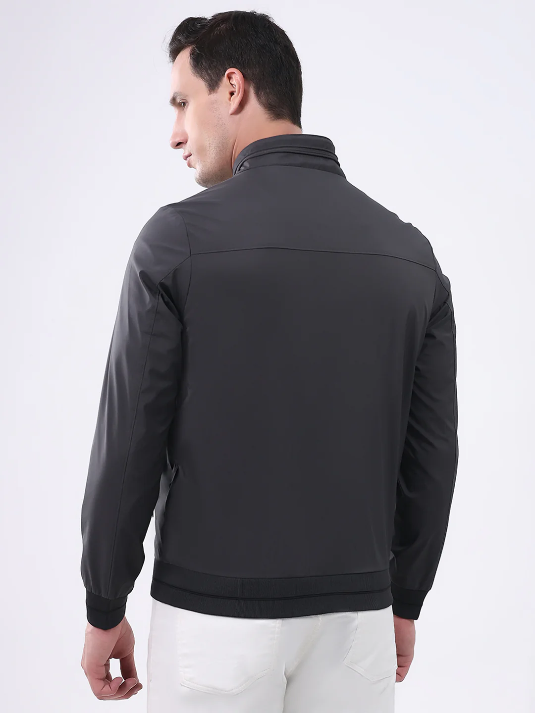 Men Charcoal Solid Mock Neck Full Sleeve Jacket - Image 5
