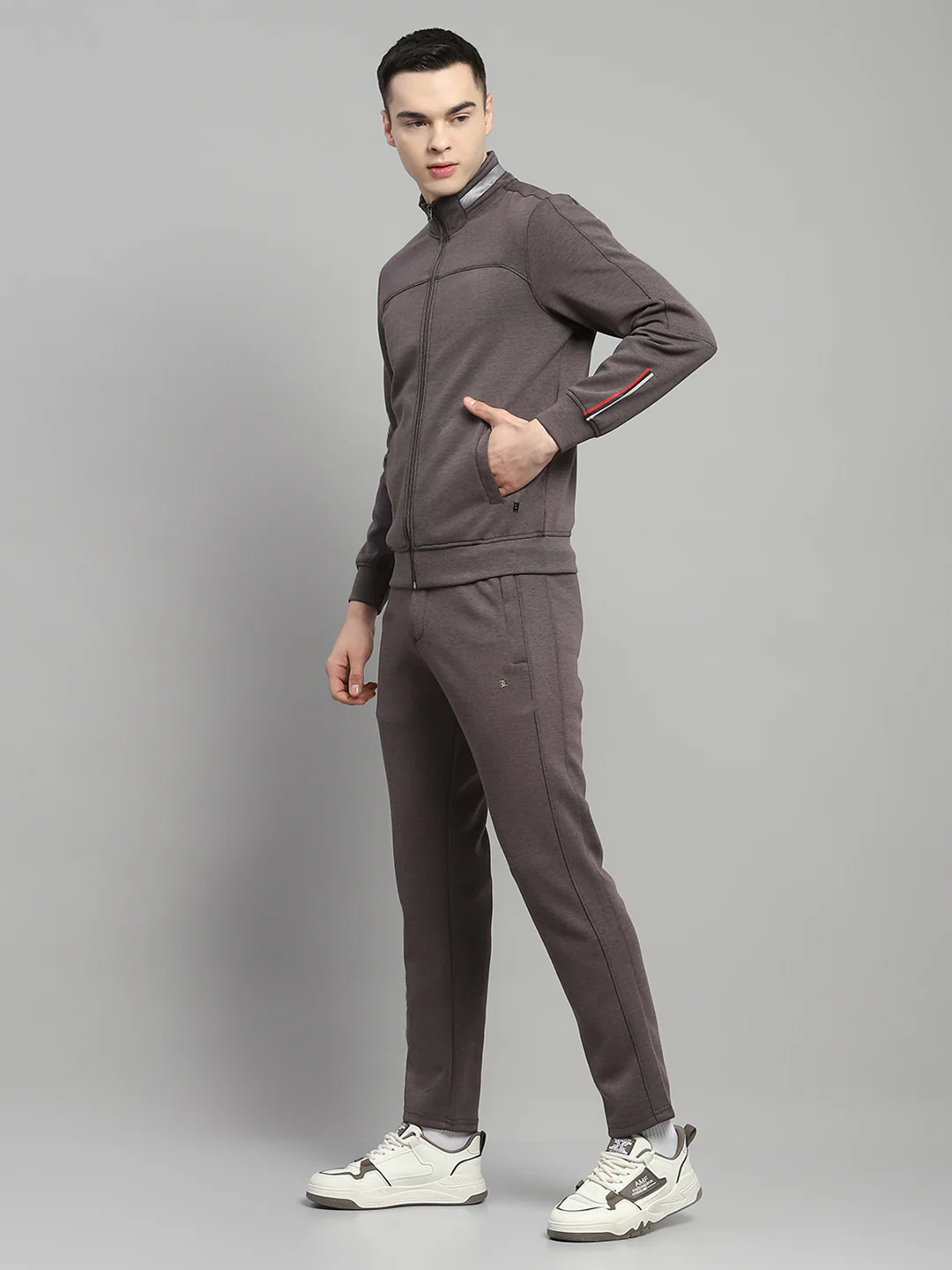 Men Charcoal Solid Mock Neck Full Sleeve Winter Tracksuit - Image 3