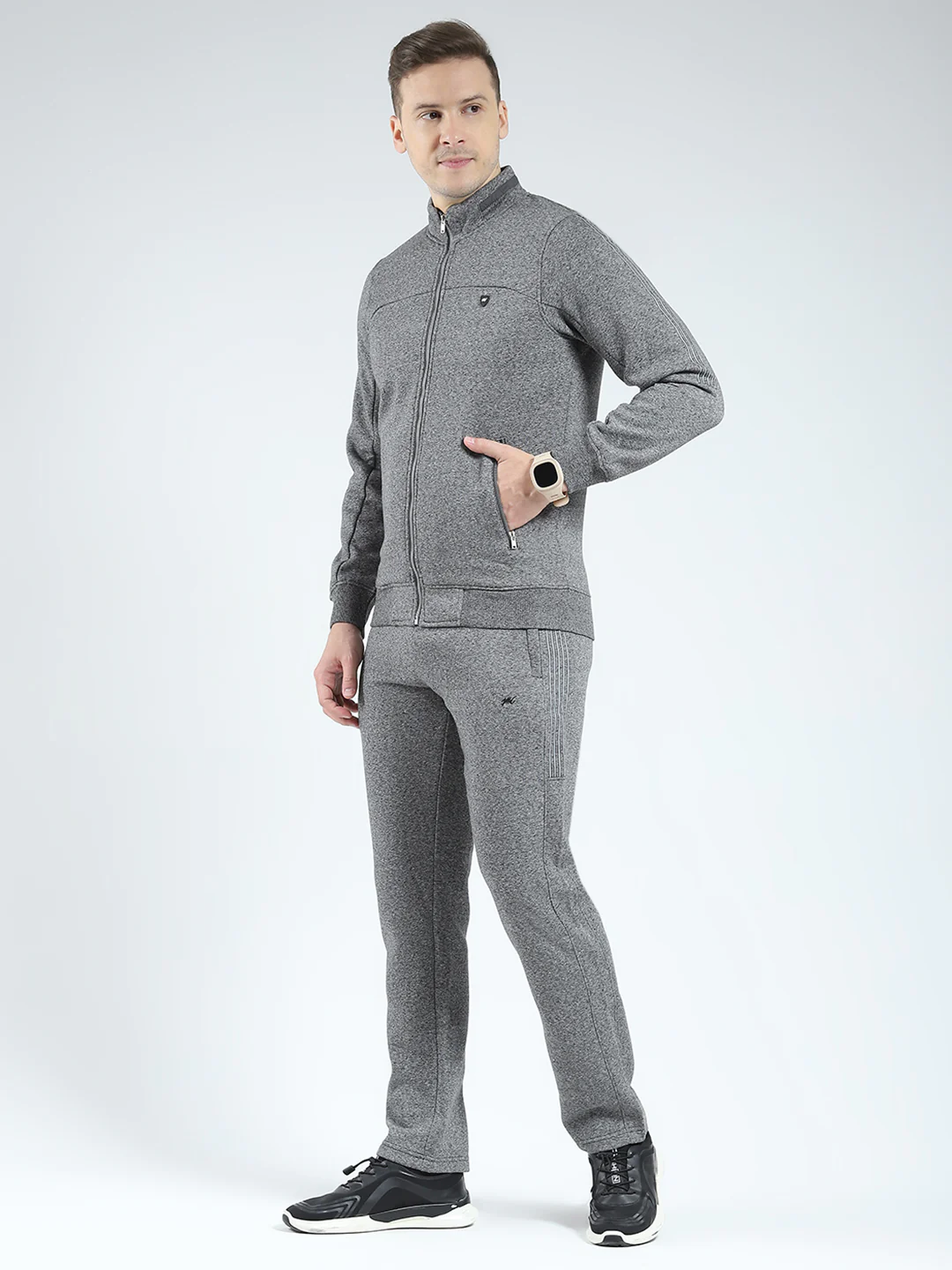 Men Charcoal Solid Mock Neck Full Sleeve Winter Tracksuit - Image 3