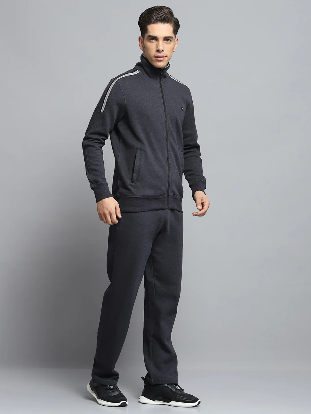 Men Charcoal Solid Mock Neck Full Sleeve Winter Tracksuit - Image 4